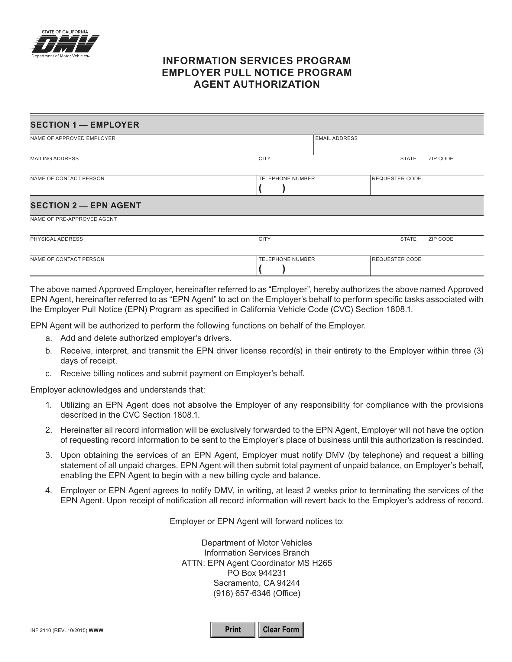 CA DMV Form INF 2110 Employer Pull Notice Agent Authorization Form 
