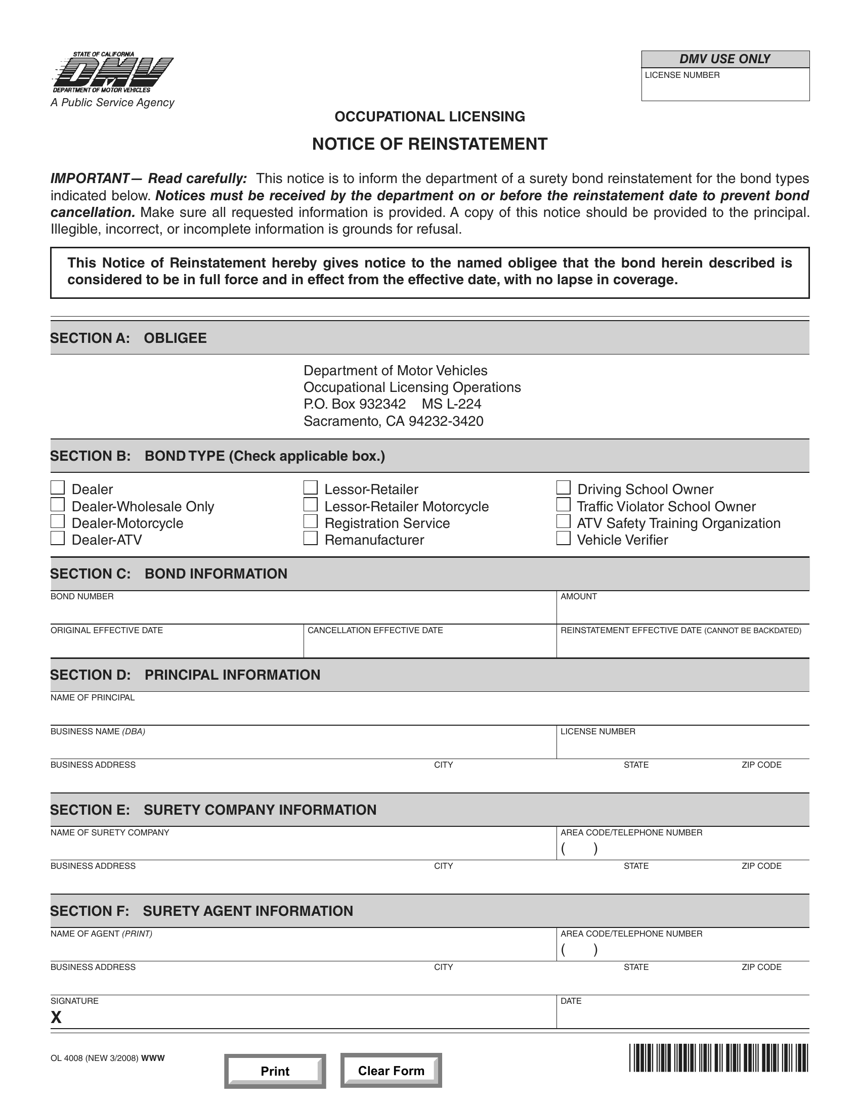 CA DMV Form OL 4008. Occupational License Notice of Reinstatement | Forms - Docs - 2023