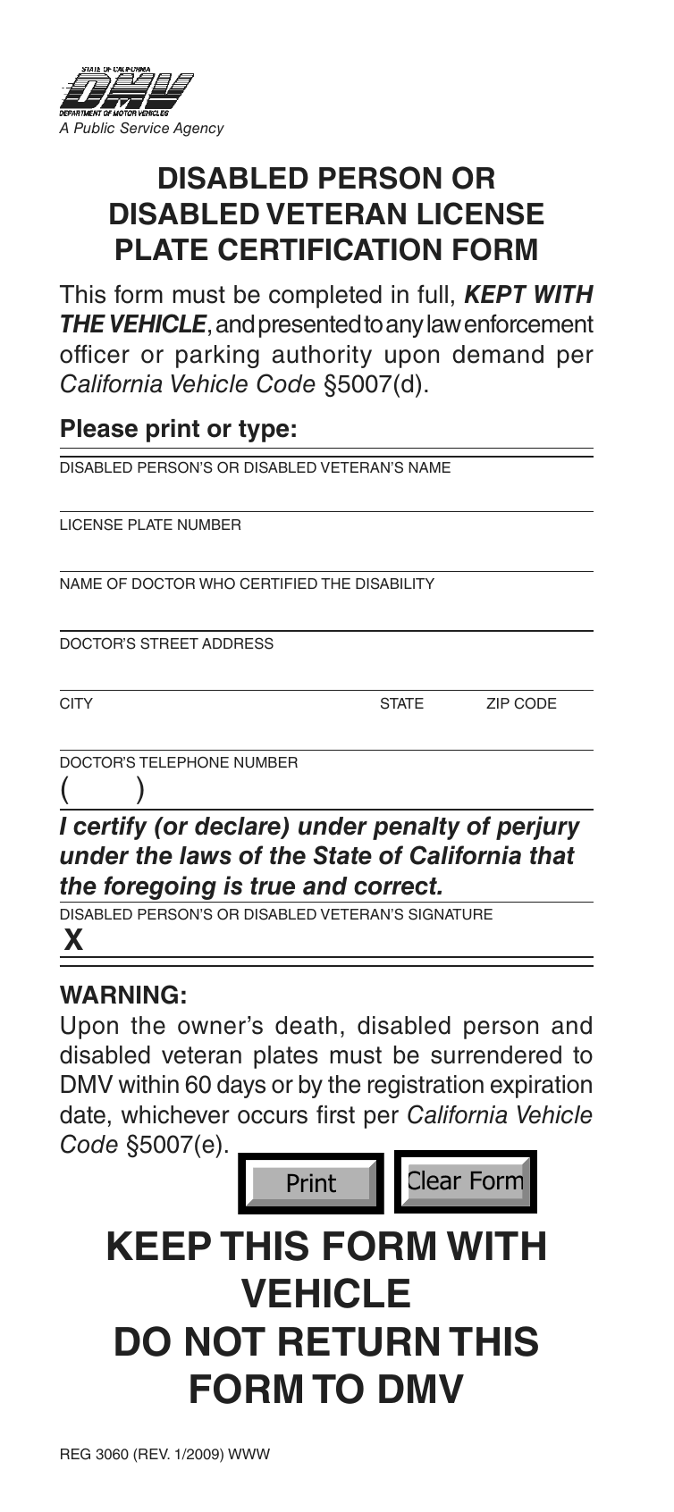 CA DMV Form REG 3060. Disabled Person or Disabled Veteran License Plate ...