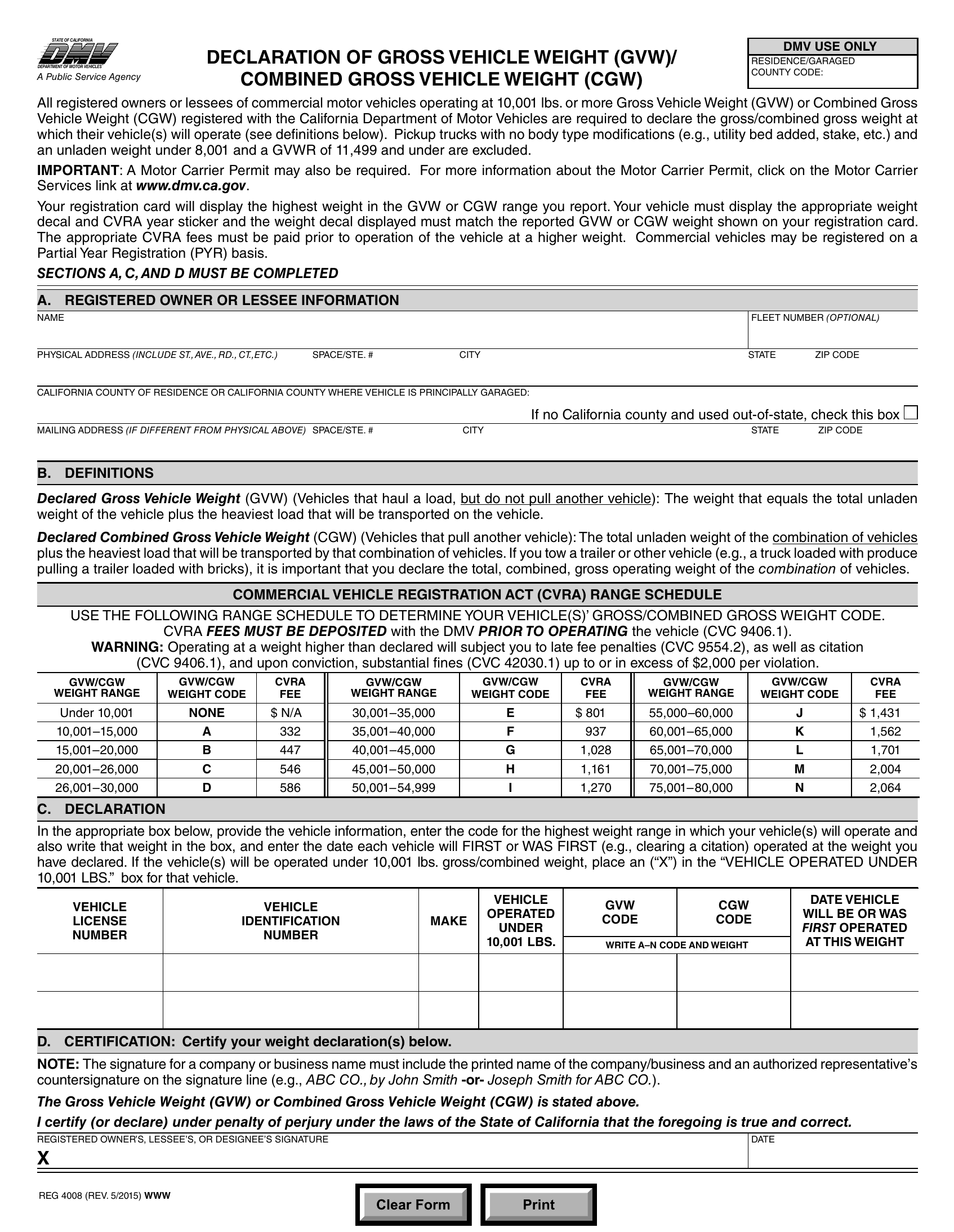 CA DMV Form REG 4008. Declaration of GVW/CGW | Forms - Docs - 2023