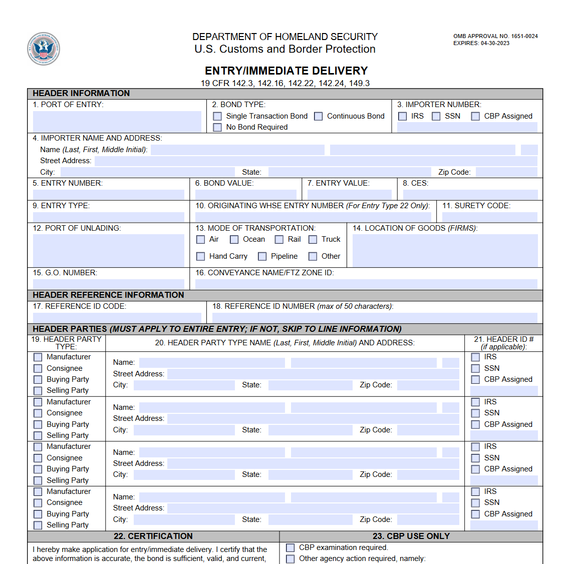 CBP Form 3461 Entry Immediate Delivery For ACE Forms Docs 2023