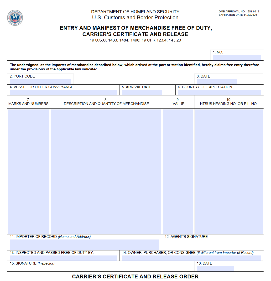 CBP Form 7523. Entry and Manifest of Merchandise Free of Duty, Carriers Certificate and Release | Forms - Docs - 2023