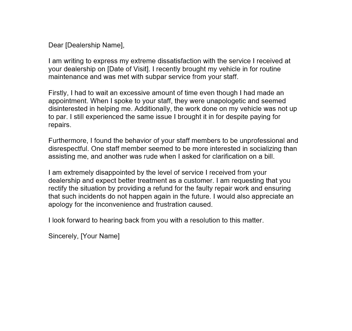 Complaint Letter about Car Dealership Service