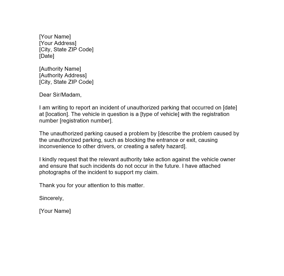 Complaint Letter About Illegal Parking Forms Docs 2023