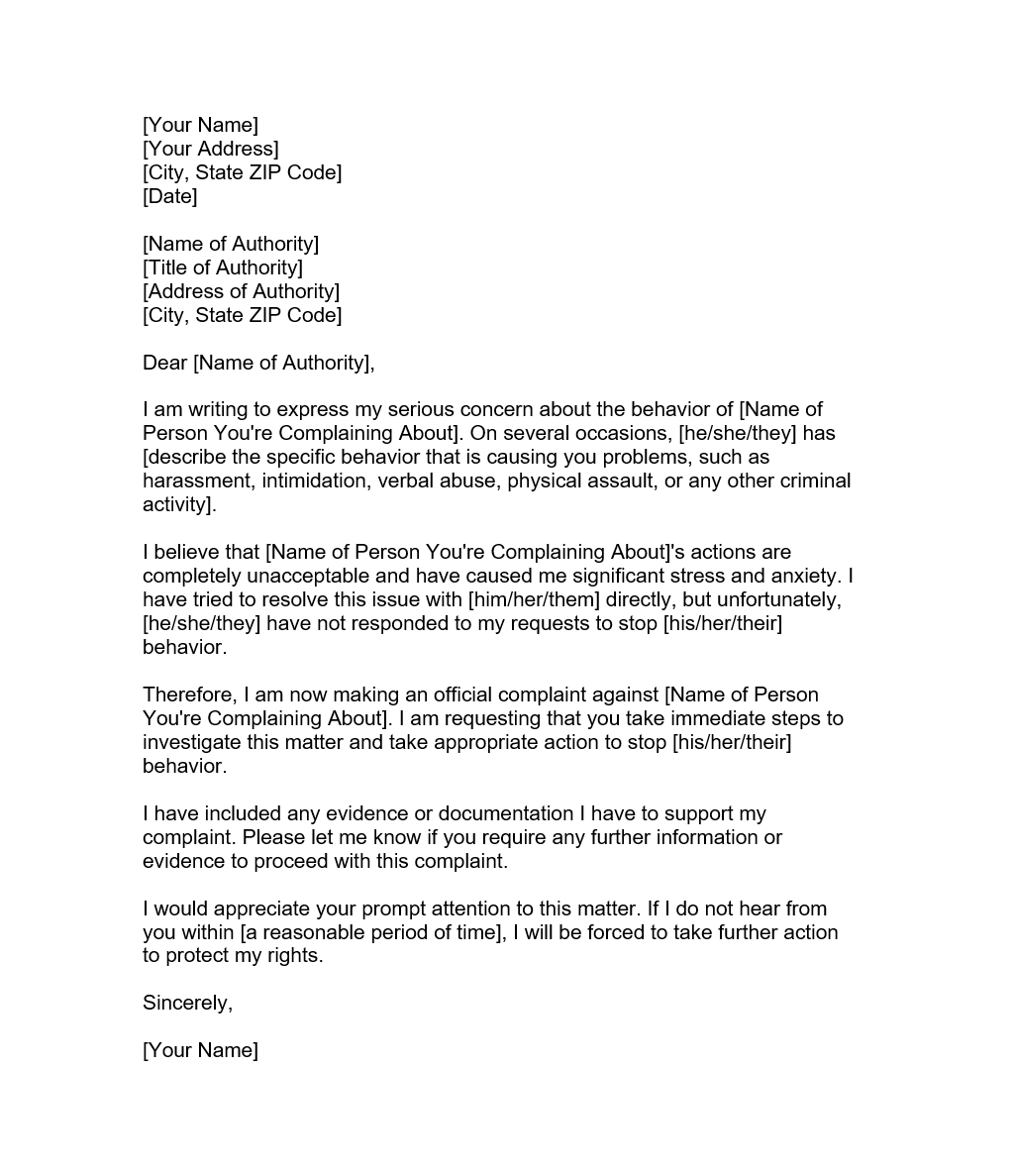 Complaint Letter Against A Person Forms Docs 2023