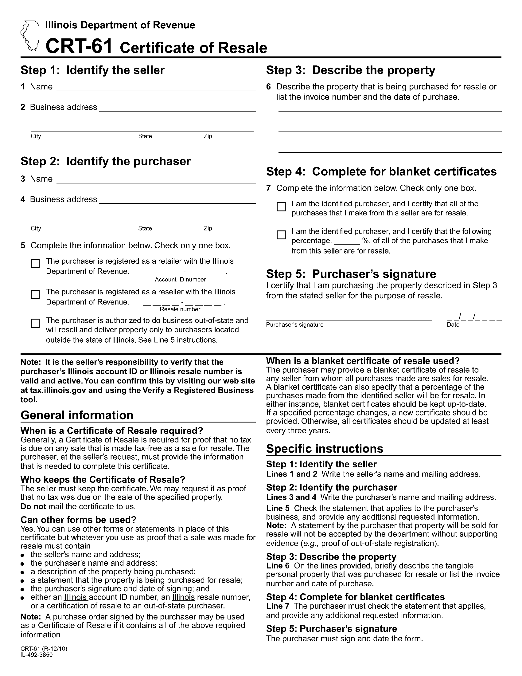 Form CRT 61 Certificate Of Resale Illinois Forms Docs 2023