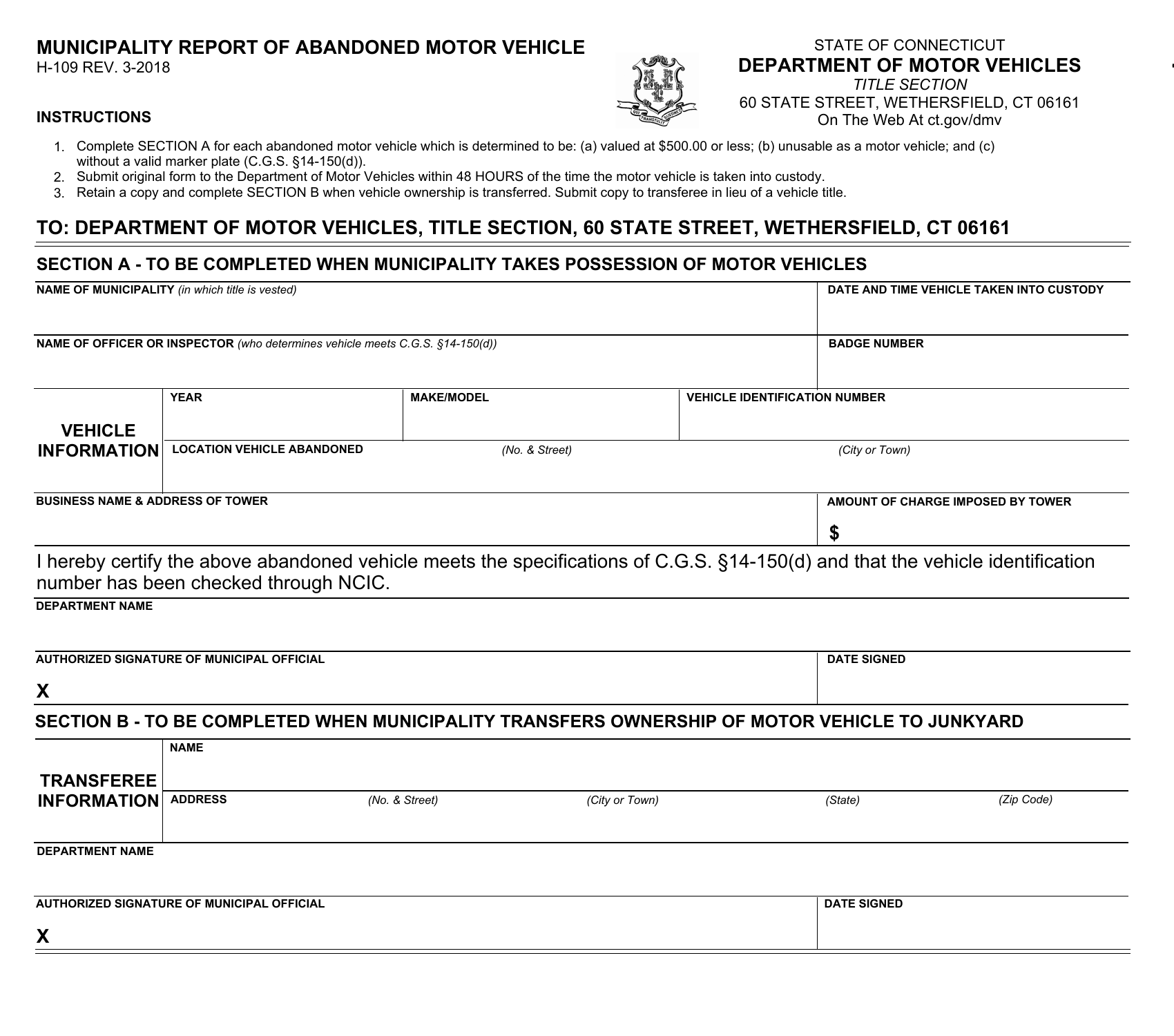 CT DMV Form H109. Municipality report of an abandoned vehicle | Forms ...