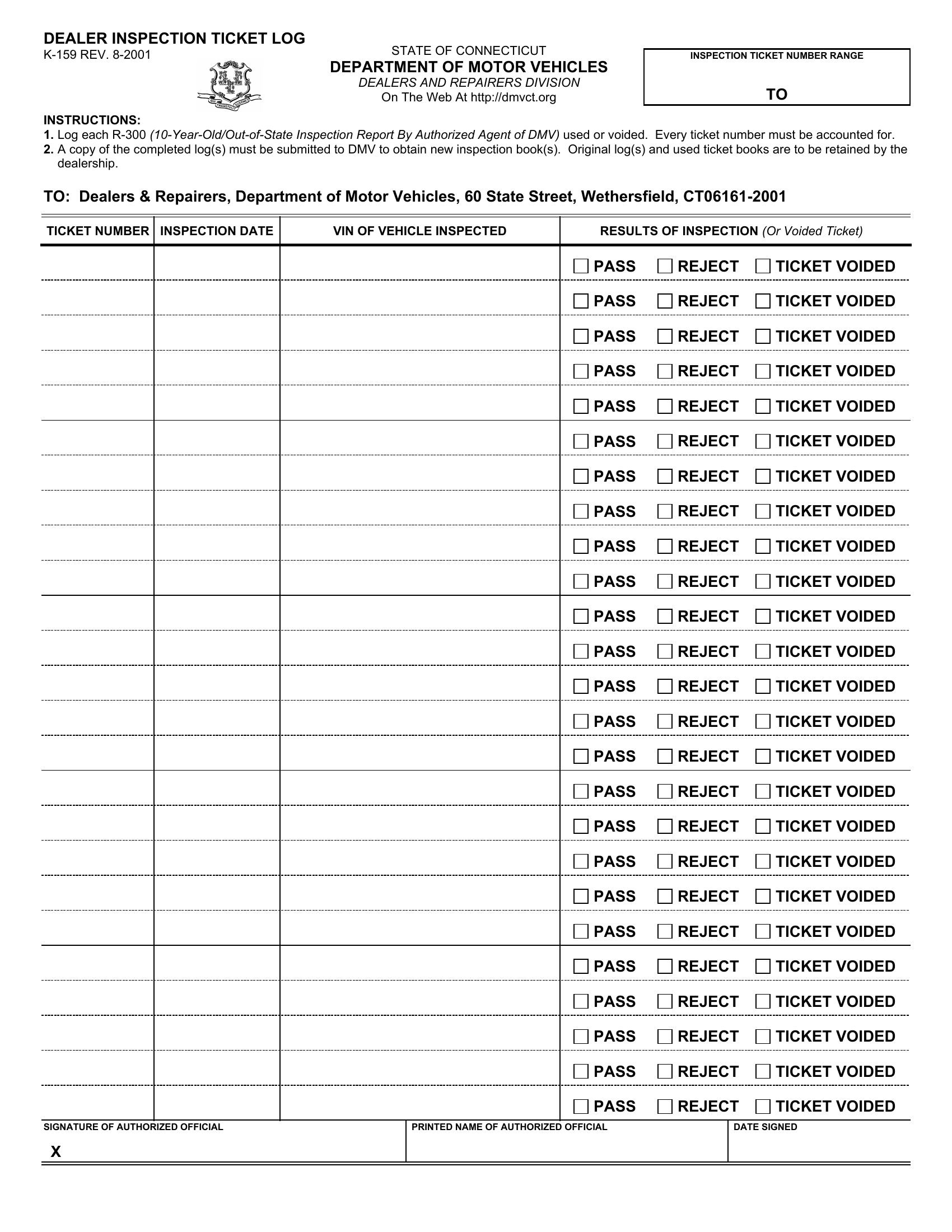 CT DMV Form K159. Dealer Inspection Ticket Log Forms Docs 2023