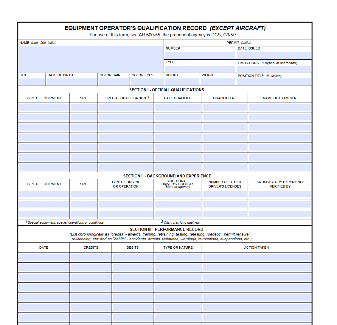 DA Form 348. Equipment Operator's Qualification Record | Forms - Docs - 2023