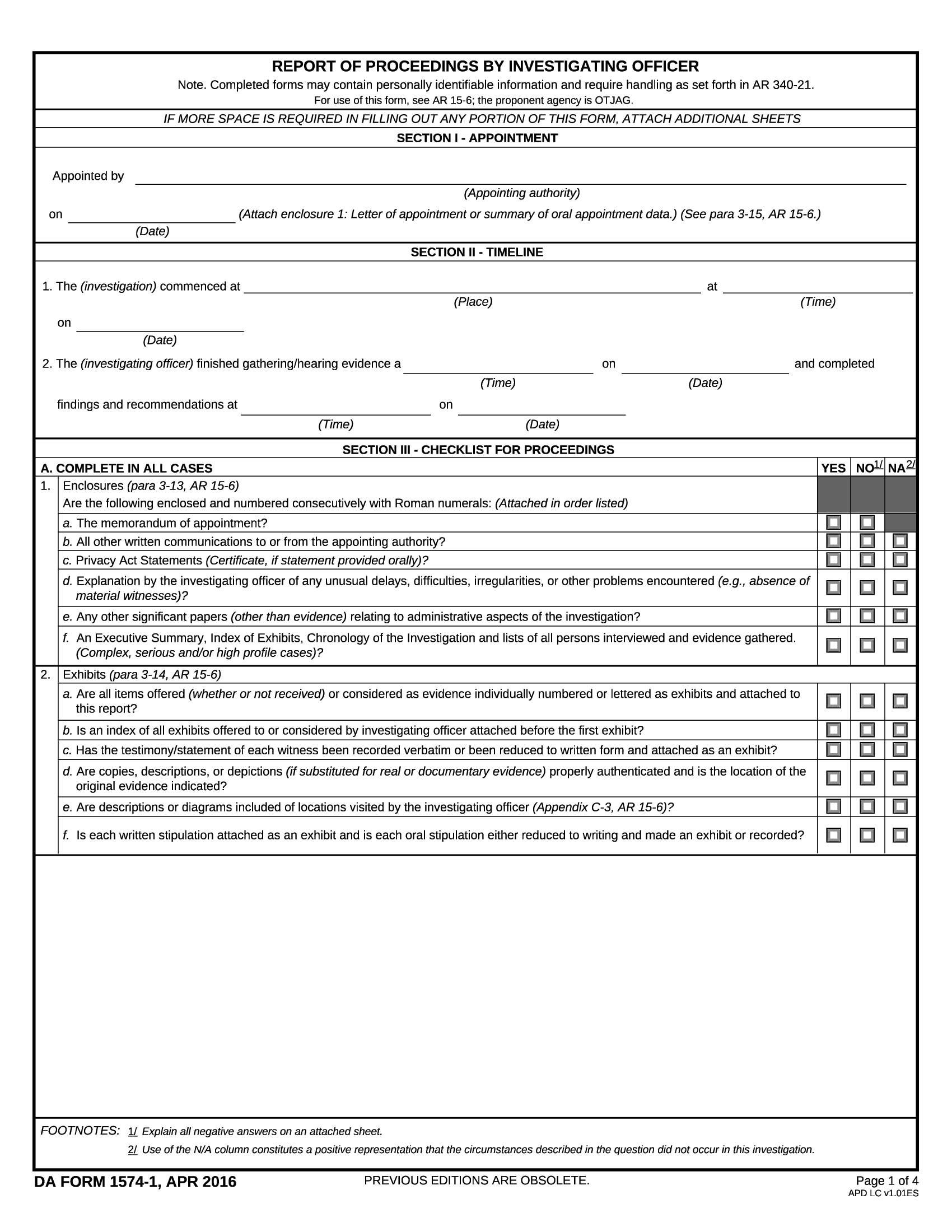 DA Form 1574-1. Report of Proceedings by Investigating Officer | Forms - Docs - 2023