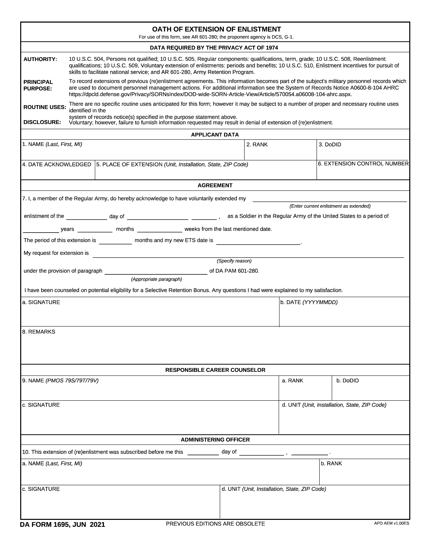 DA Form 1695. Oath of Extension of Enlistment | Forms - Docs - 2023