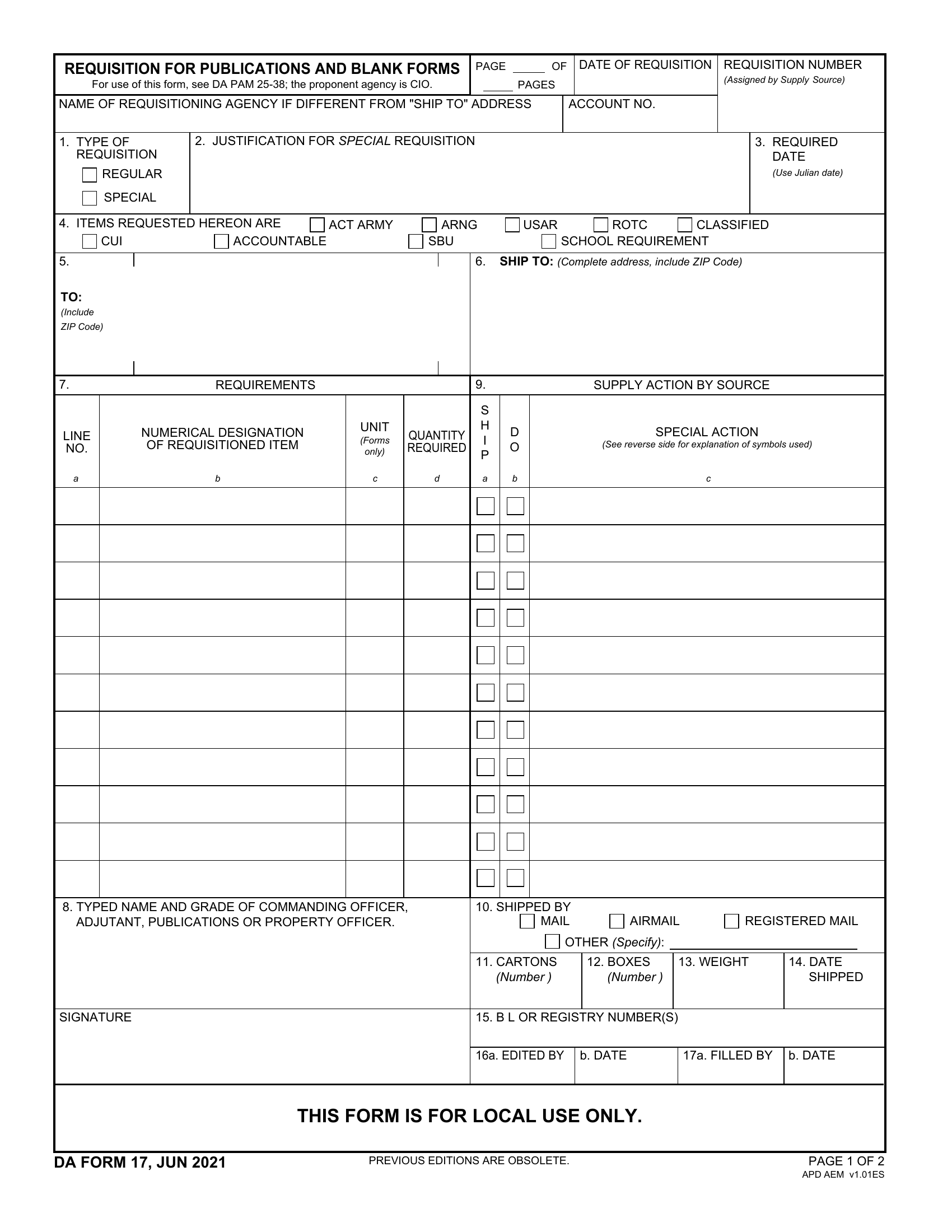 DA Form 17. Requisition for Publications and Blank Forms Forms Docs