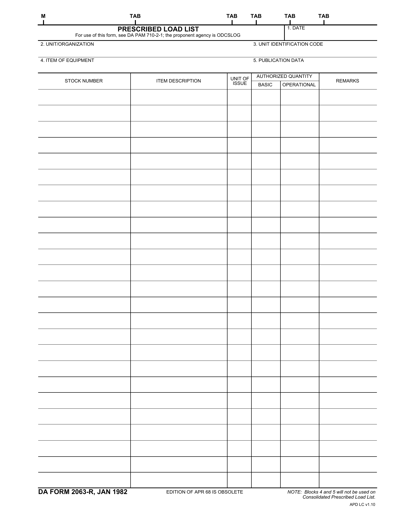DA Form 2063-R. Prescribed Load List (LRA) | Forms - Docs - 2023