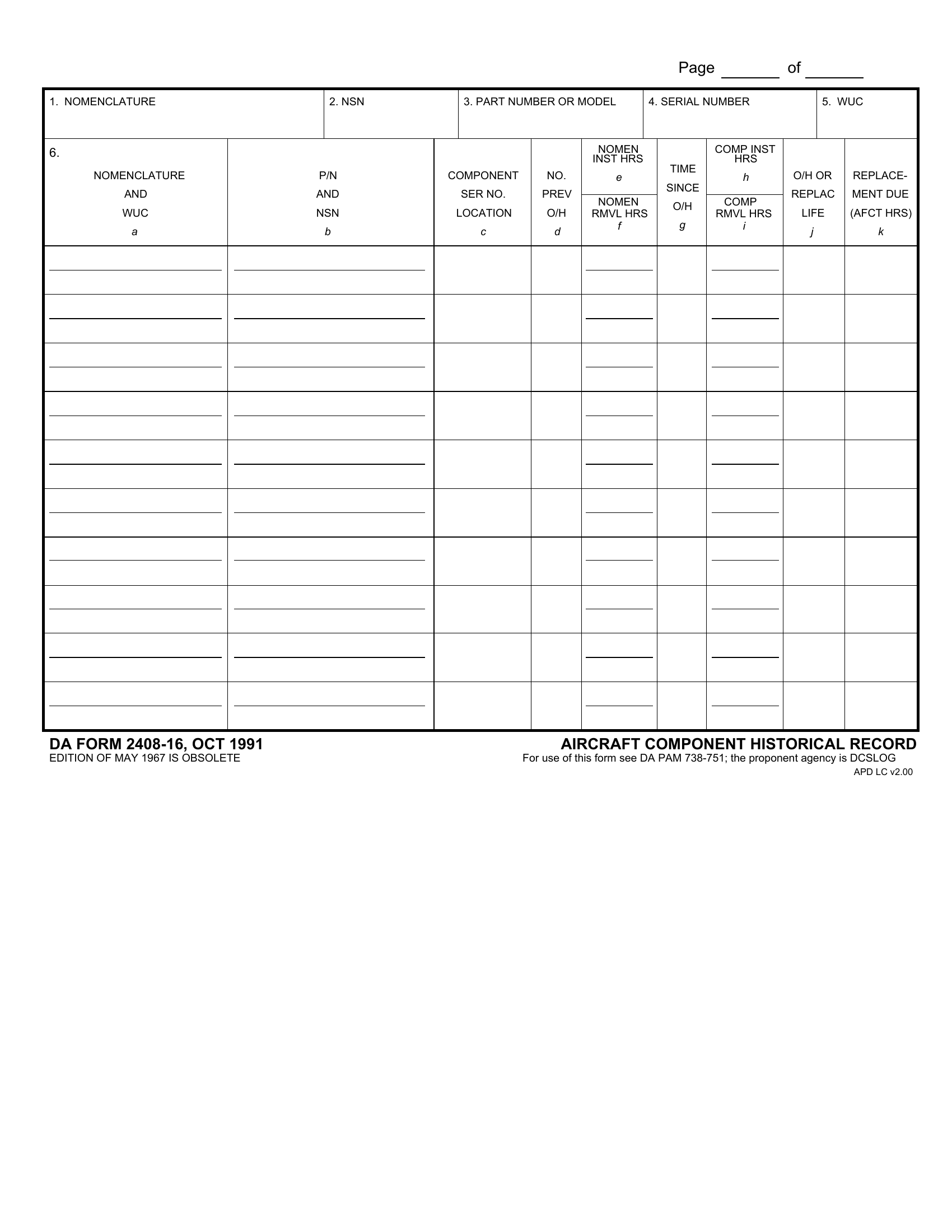 DA Form 2408-16. Aircraft Component Historical Record | Forms - Docs - 2023