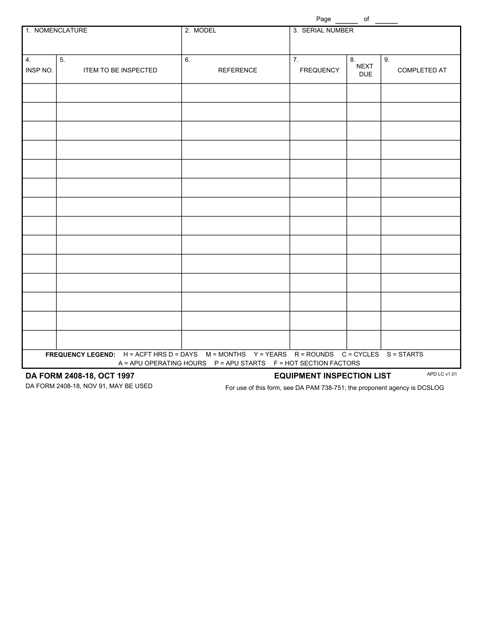 DA Form 2408-18. Equipment Inspection List | Forms - Docs - 2023