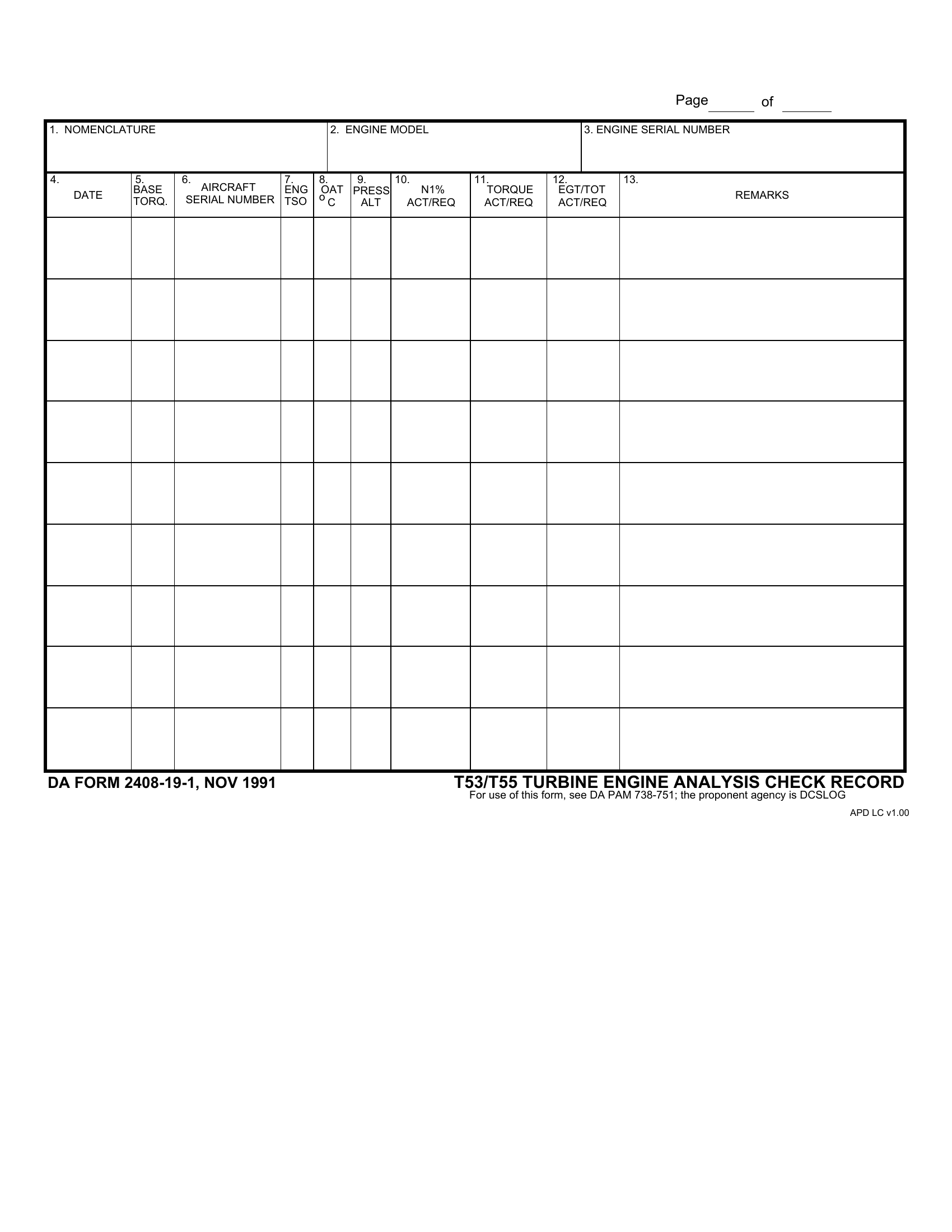 DA Form 2408-19-1. T53/T55 Turbine Engine Analysis Check Record | Forms - Docs - 2023