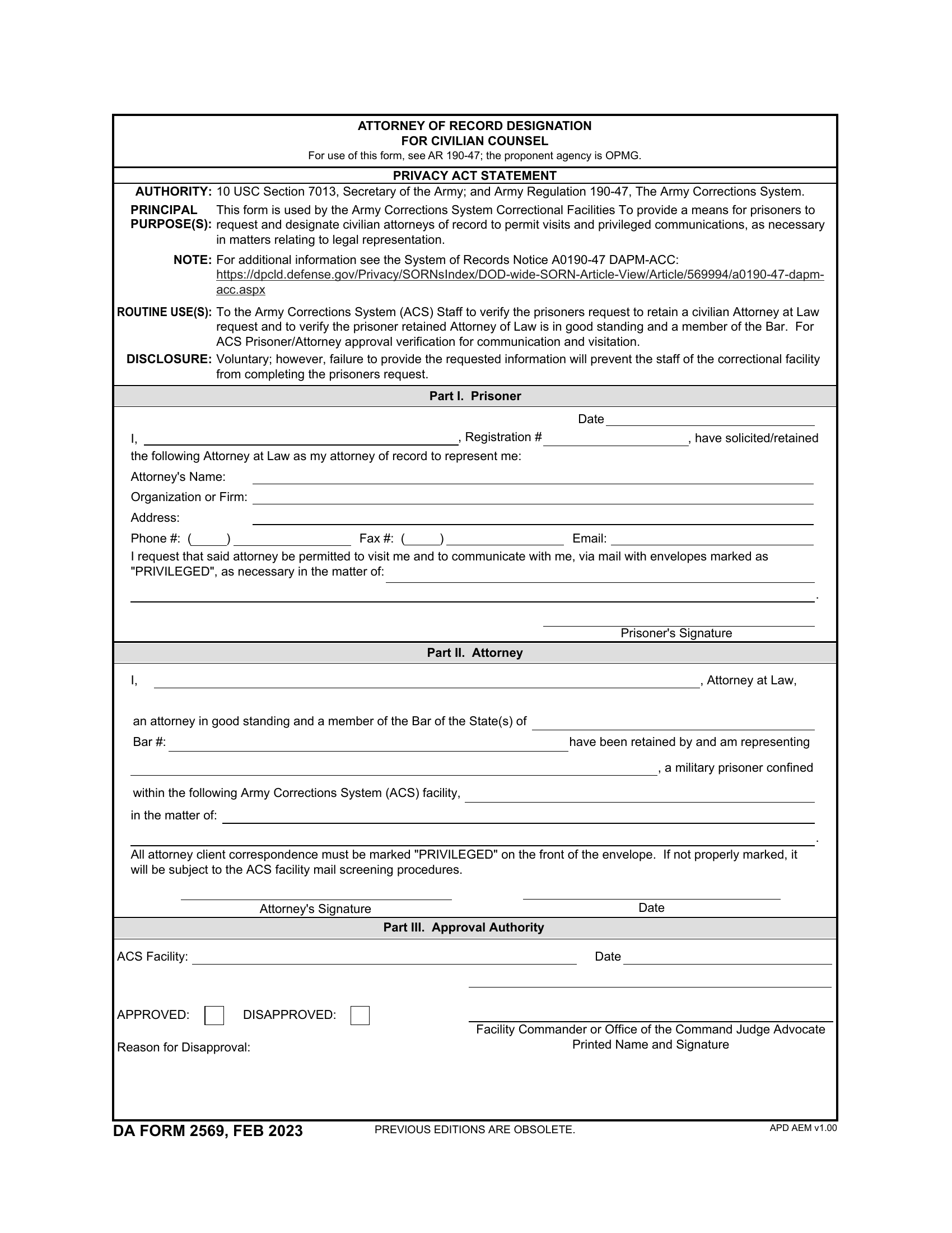 DA Form 2569 Attorney Of Record Designation For Civilian Counsel