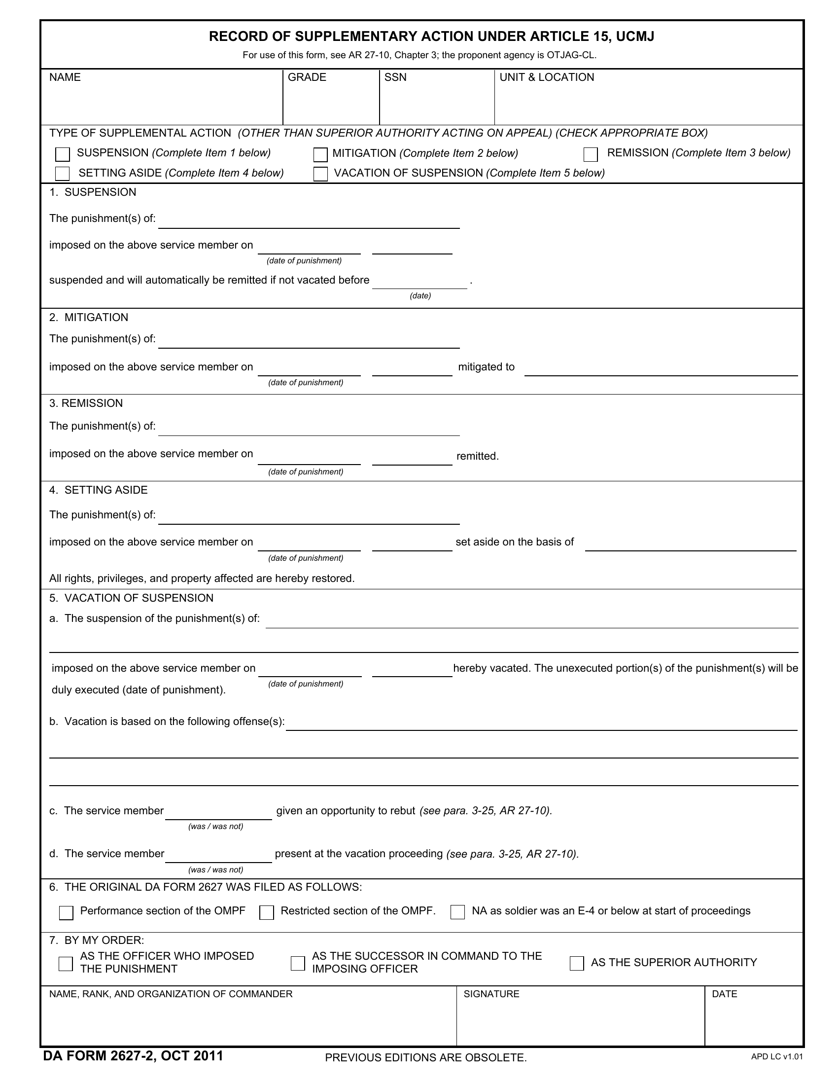 DA Form 2627-2. Record of Supplementary Action Under Article 15, UCMJ | Forms - Docs - 2023