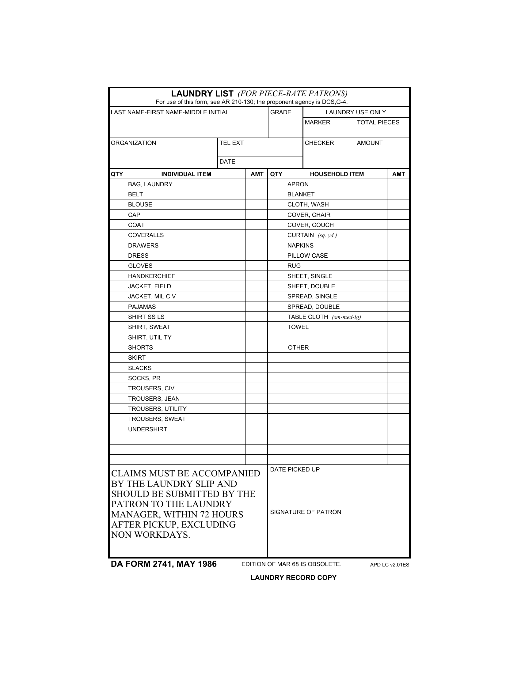 DA Form 2741. Laundry List (For Piece-Rate Patrons) | Forms - Docs - 2023