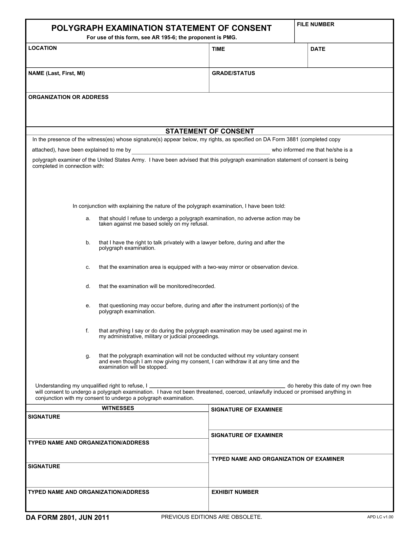 DA Form 2801. Polygraph Examination Statement of Consent | Forms - Docs - 2023