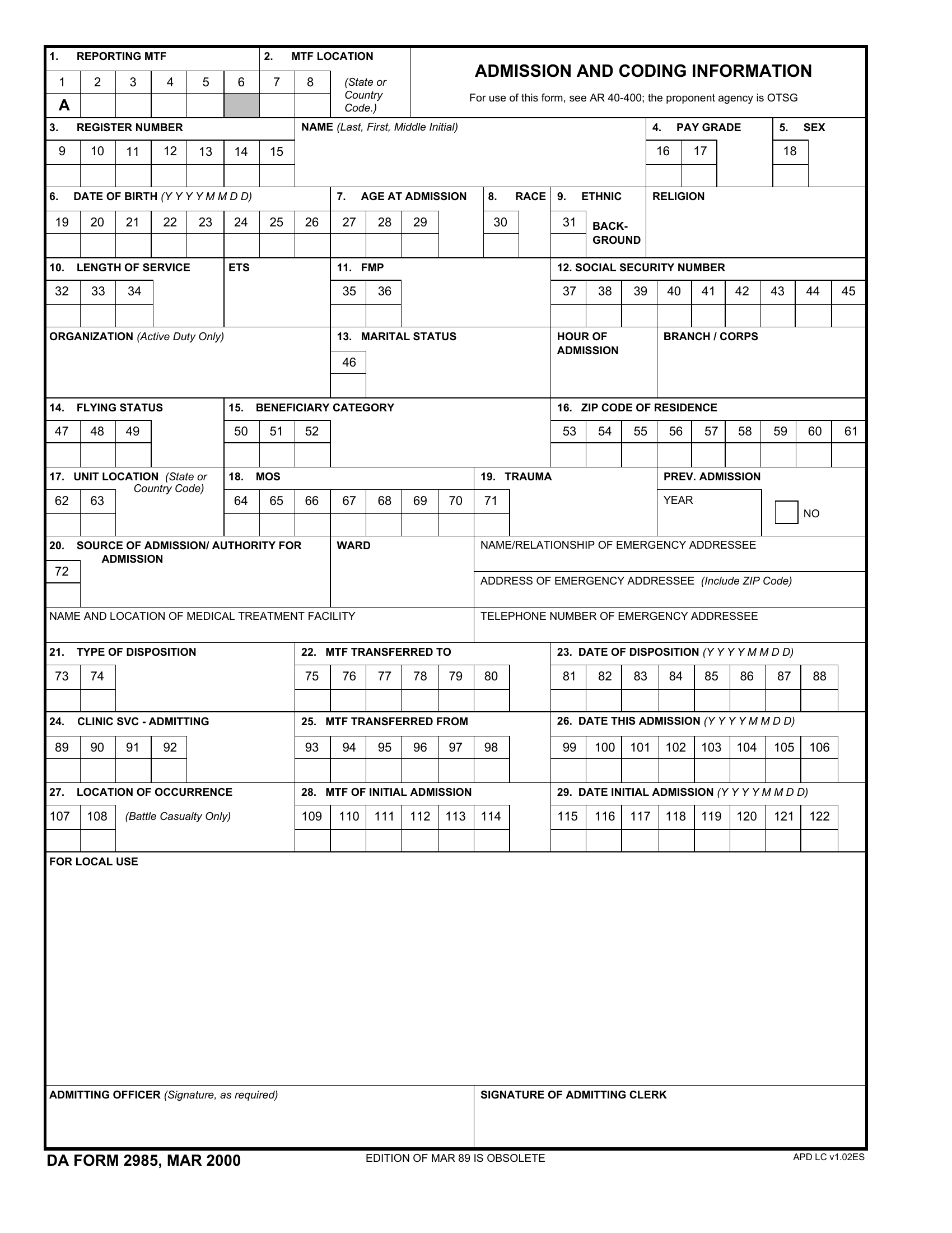 DA Form 2985. Admission and Coding Information | Forms - Docs - 2023