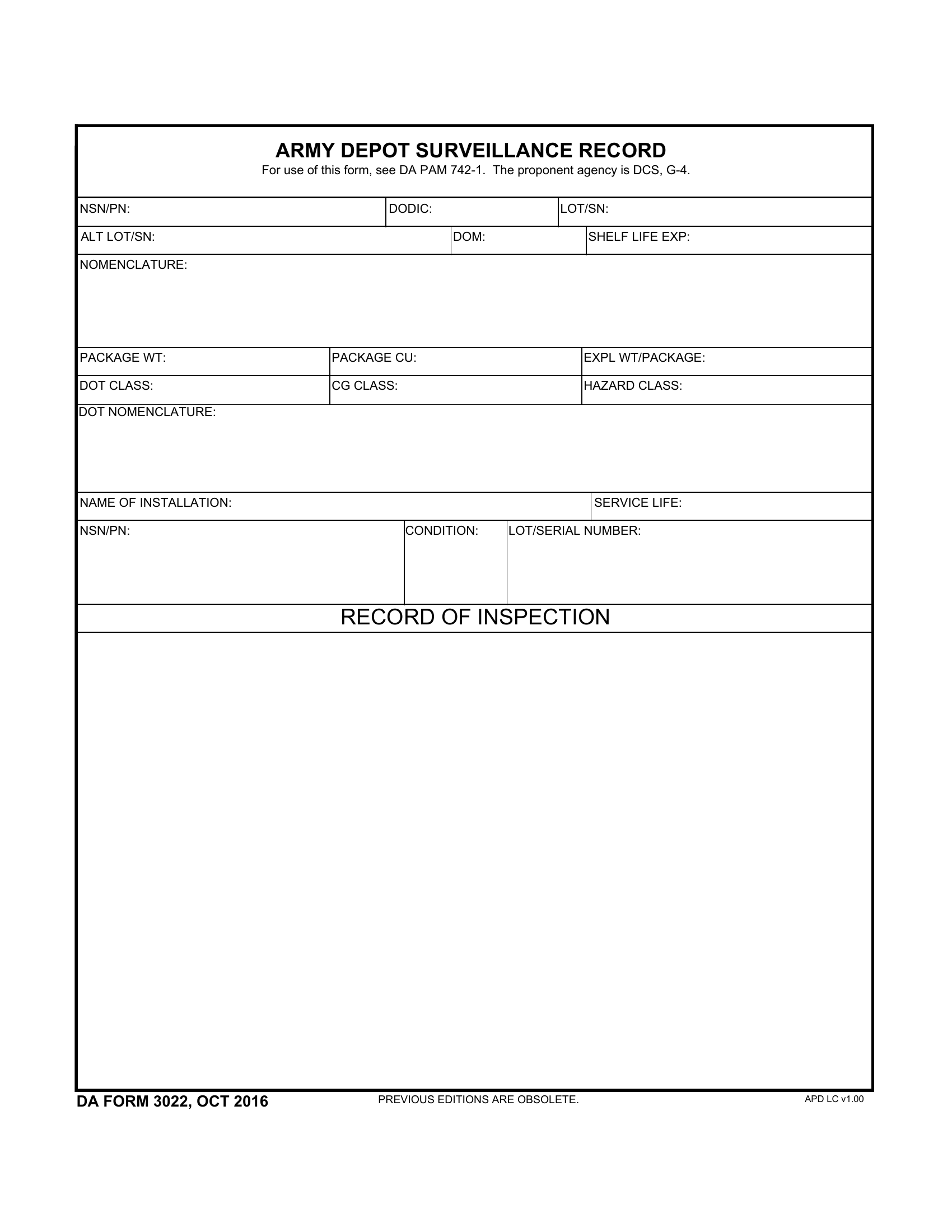 DA Form 3022. Army Depot Surveillance Record | Forms - Docs - 2023