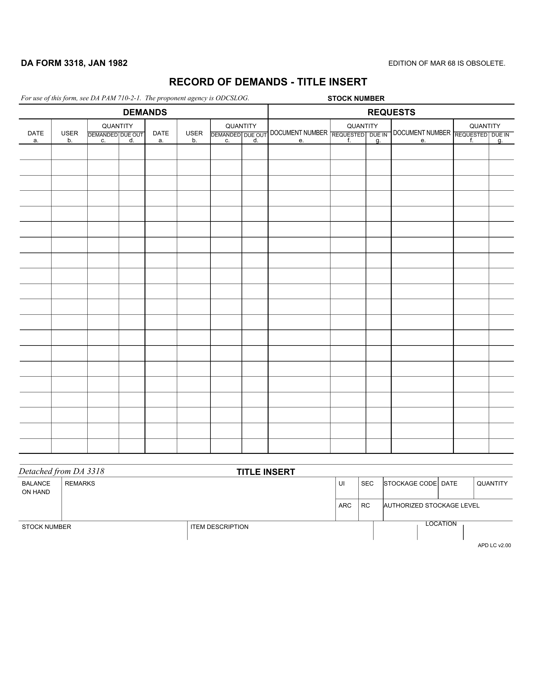 DA Form 3318. Records of Demands - Title Insert | Forms - Docs - 2023