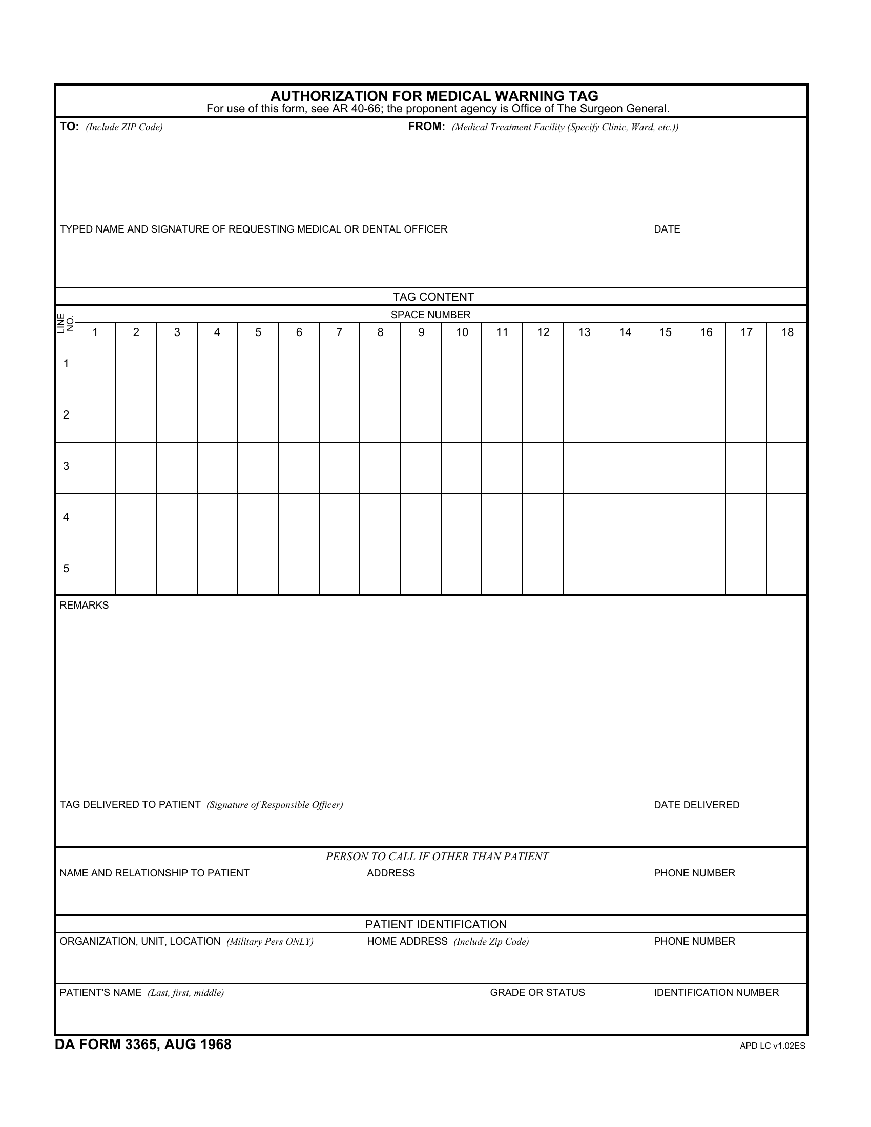 DA Form 3365. Authorization for Medical Warning Tag | Forms - Docs - 2023