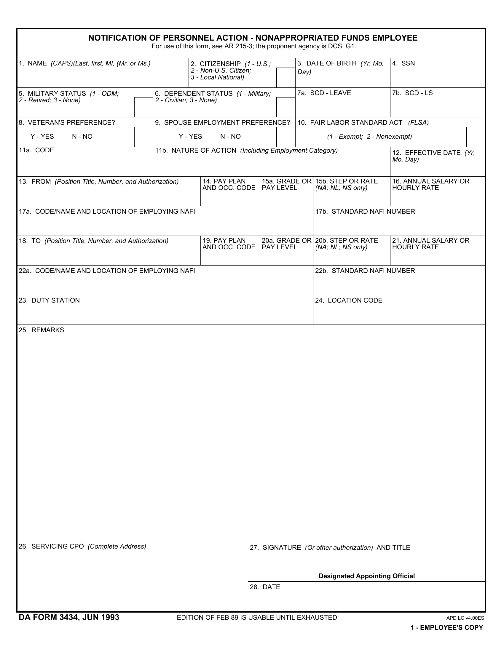 DA Form 3434. Notification of Personnel Action - Nonappropriated Funds Employee | Forms - Docs - 2023