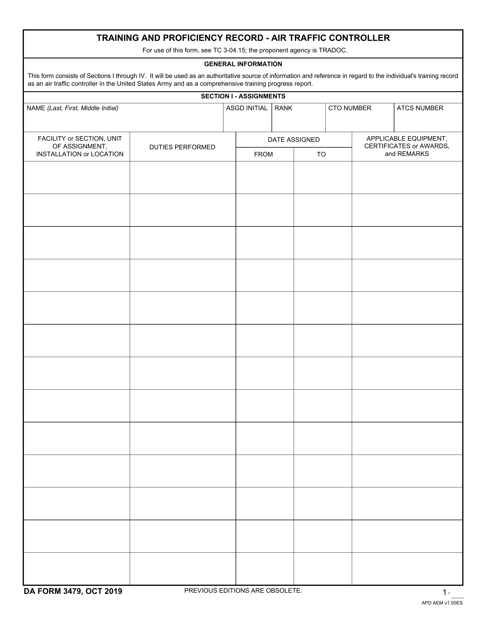 DA Form 3479. Training and Proficiency Record - Air Traffic Controller | Forms - Docs - 2023