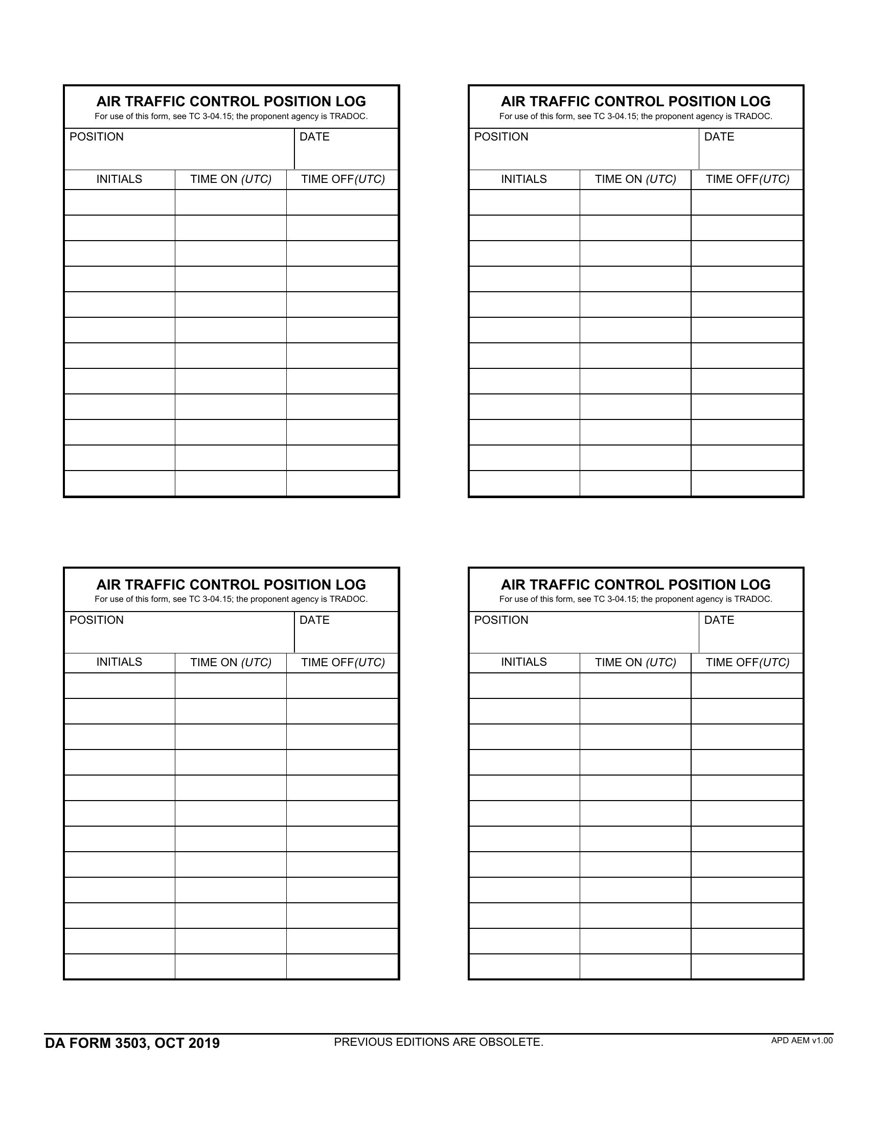 DA Form 3503. Air Traffic Control Position Log | Forms - Docs - 2023