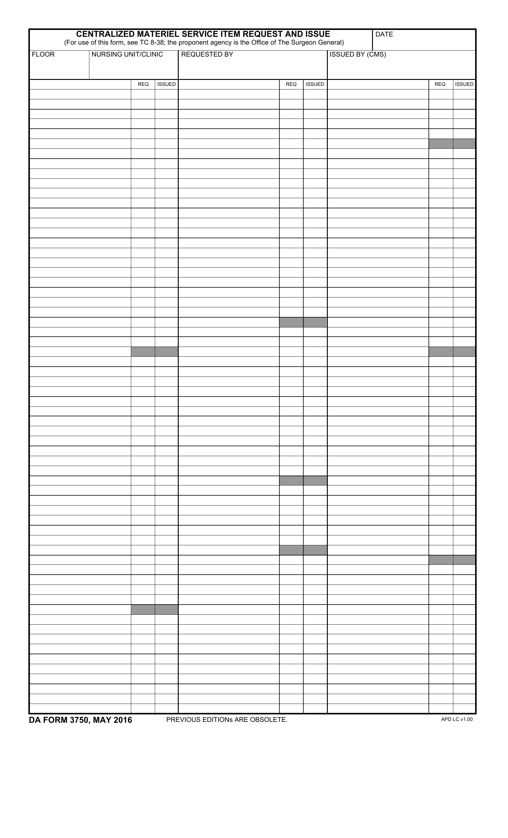 DA Form 3750. Centralized Materiel Service Item Request and Issue | Forms - Docs - 2023