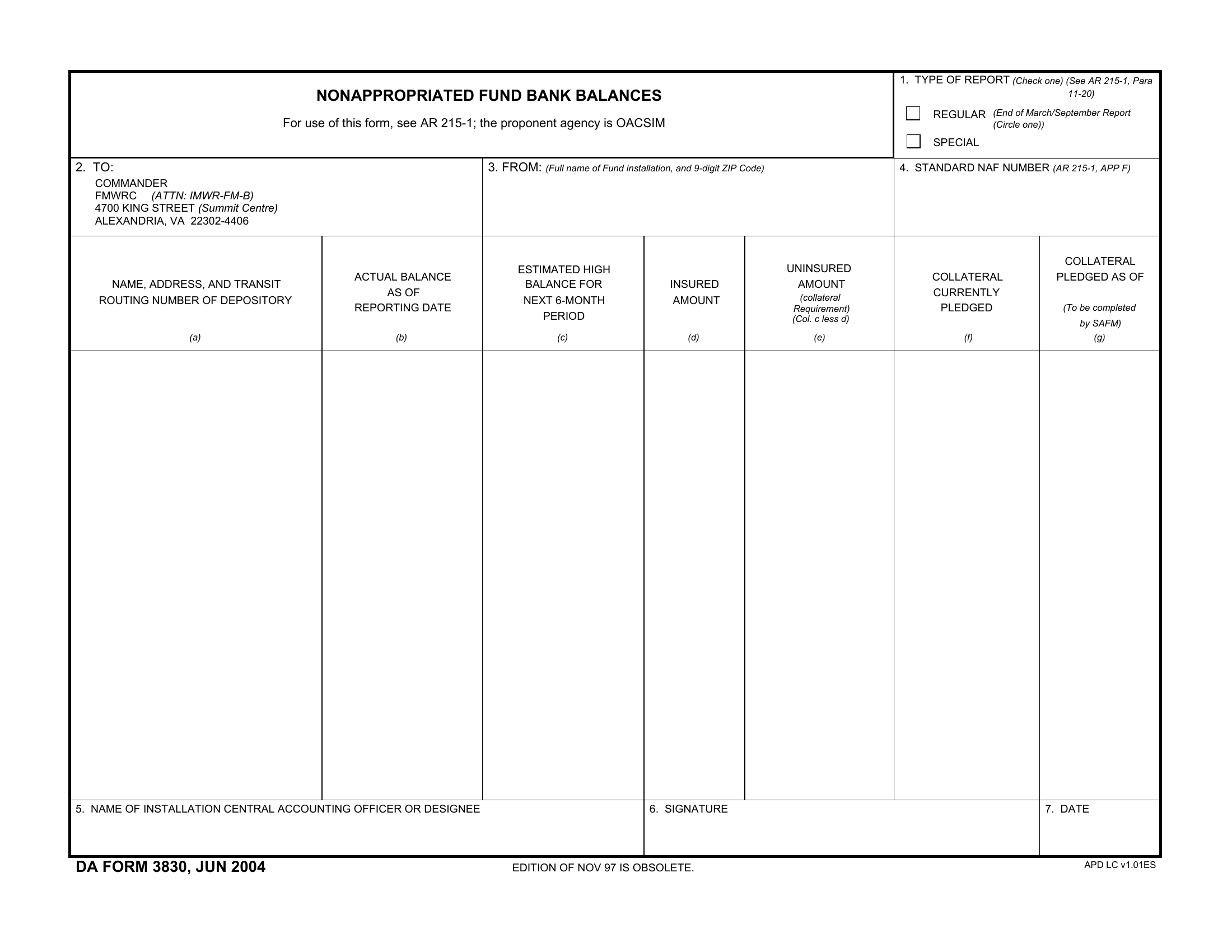 DA Form 3830. Nonappropriated Fund Bank Balances | Forms - Docs - 2023