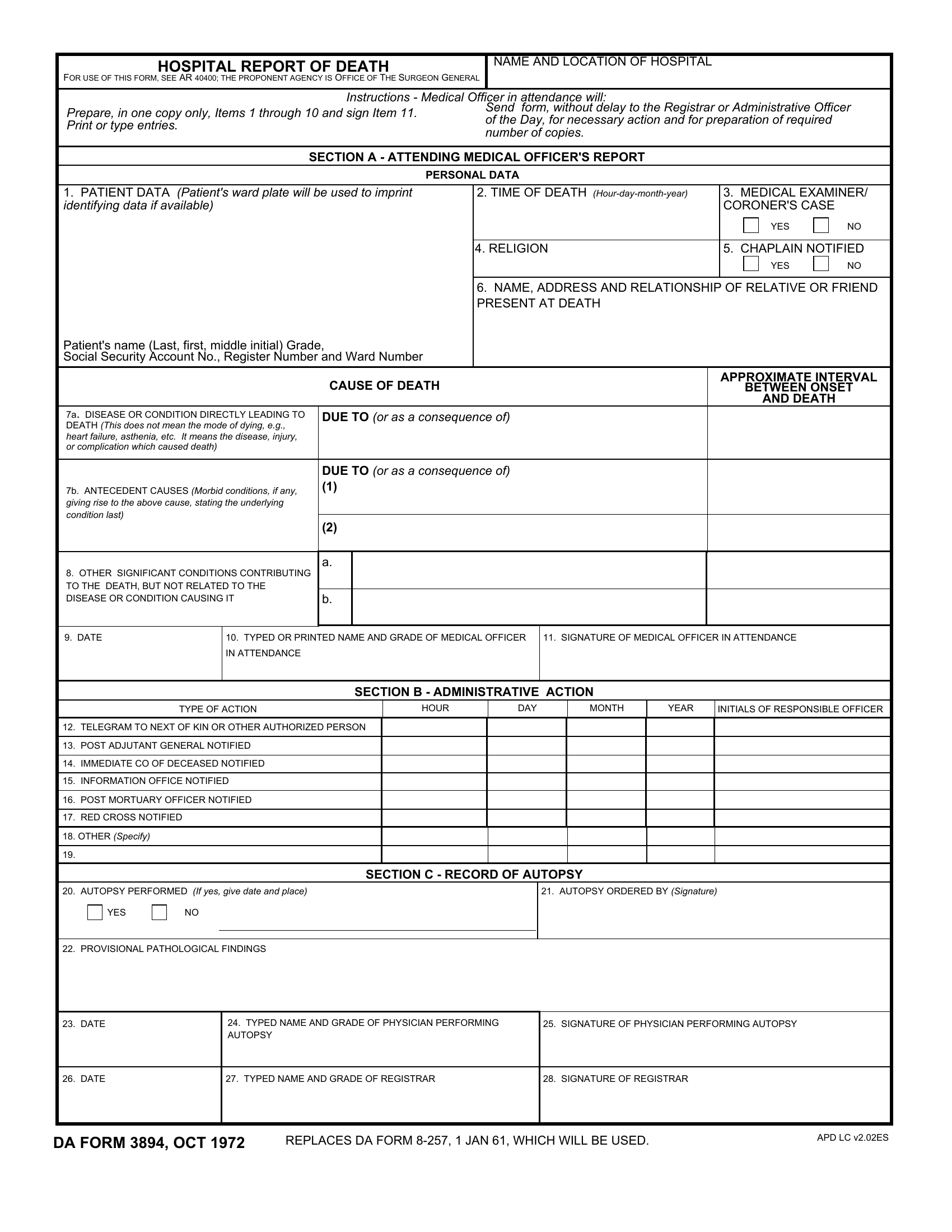 DA Form 3894. Hospital Report of Death | Forms - Docs - 2023