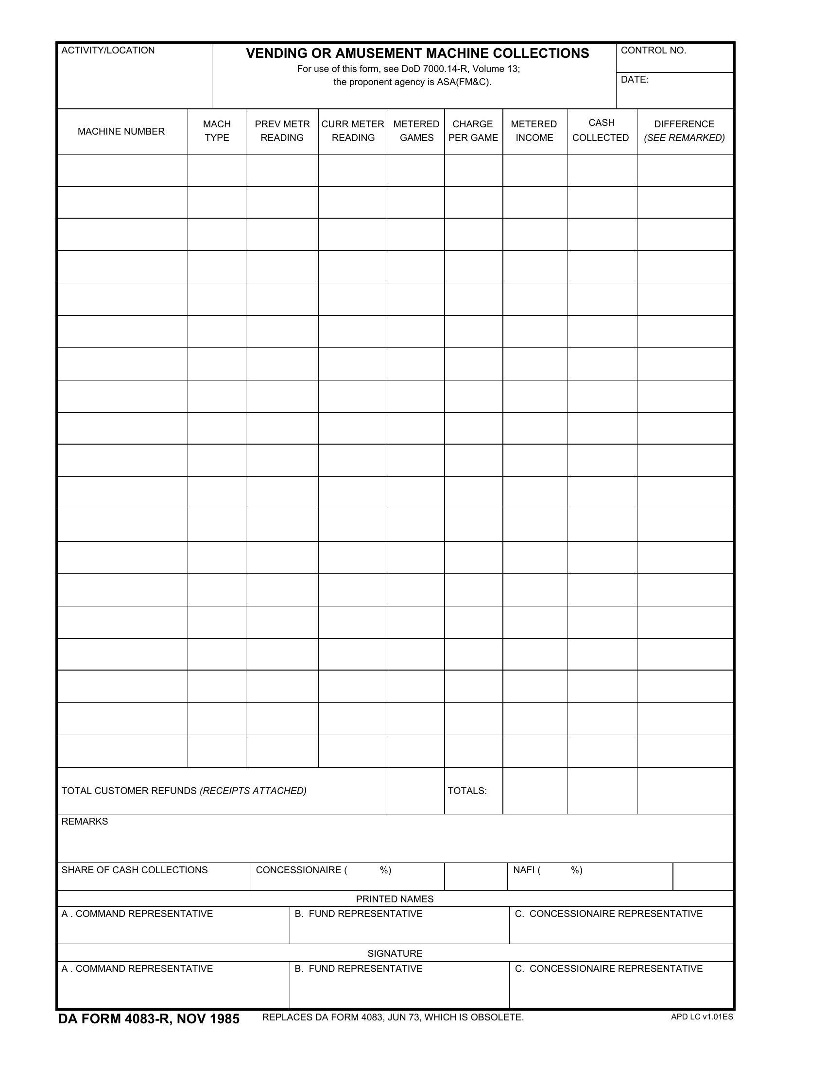 DA Form 4083-R. Vending or Amusement Machine Collections (LRA) | Forms - Docs - 2023