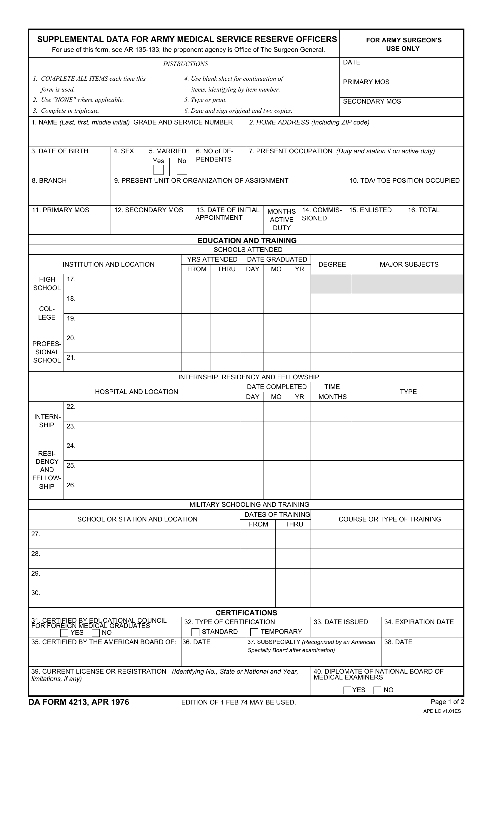 DA Form 4213. Supplemental Data for Army Medical Service Reserve Officers | Forms - Docs - 2023