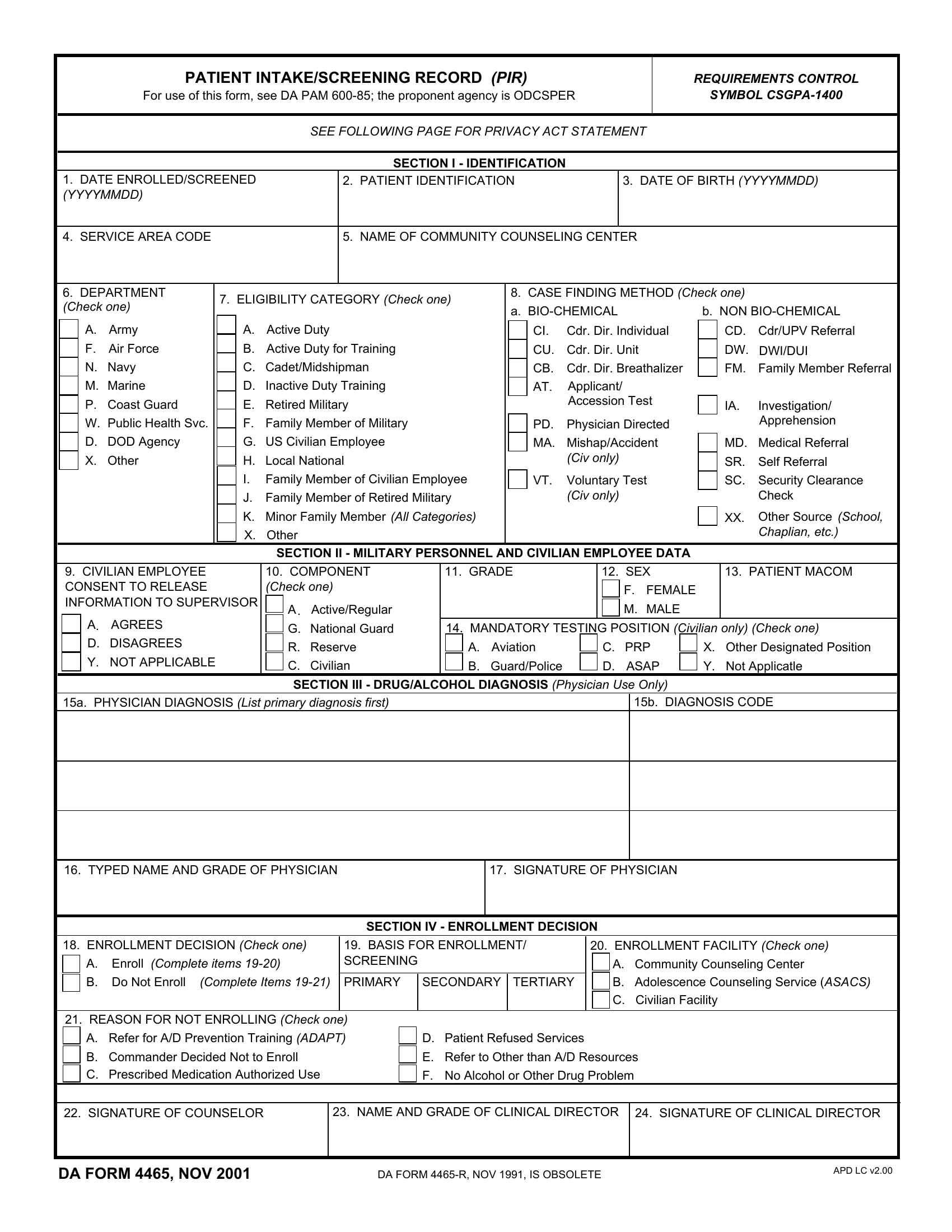 DA Form 4465. Patient Intake/Screening Record (PIR) | Forms - Docs - 2023