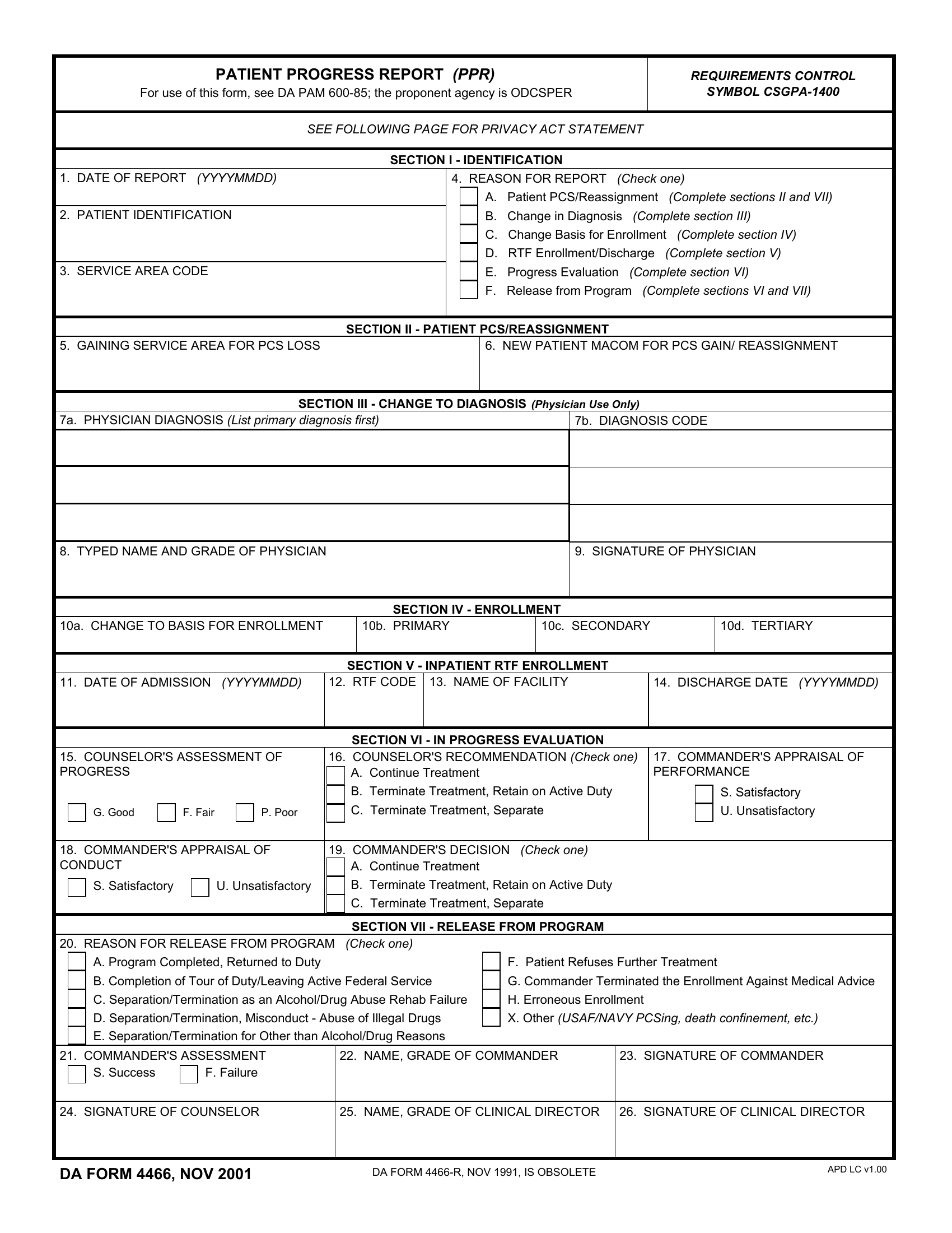 DA Form 4466. Patient Progress Report (PPR) | Forms - Docs - 2023