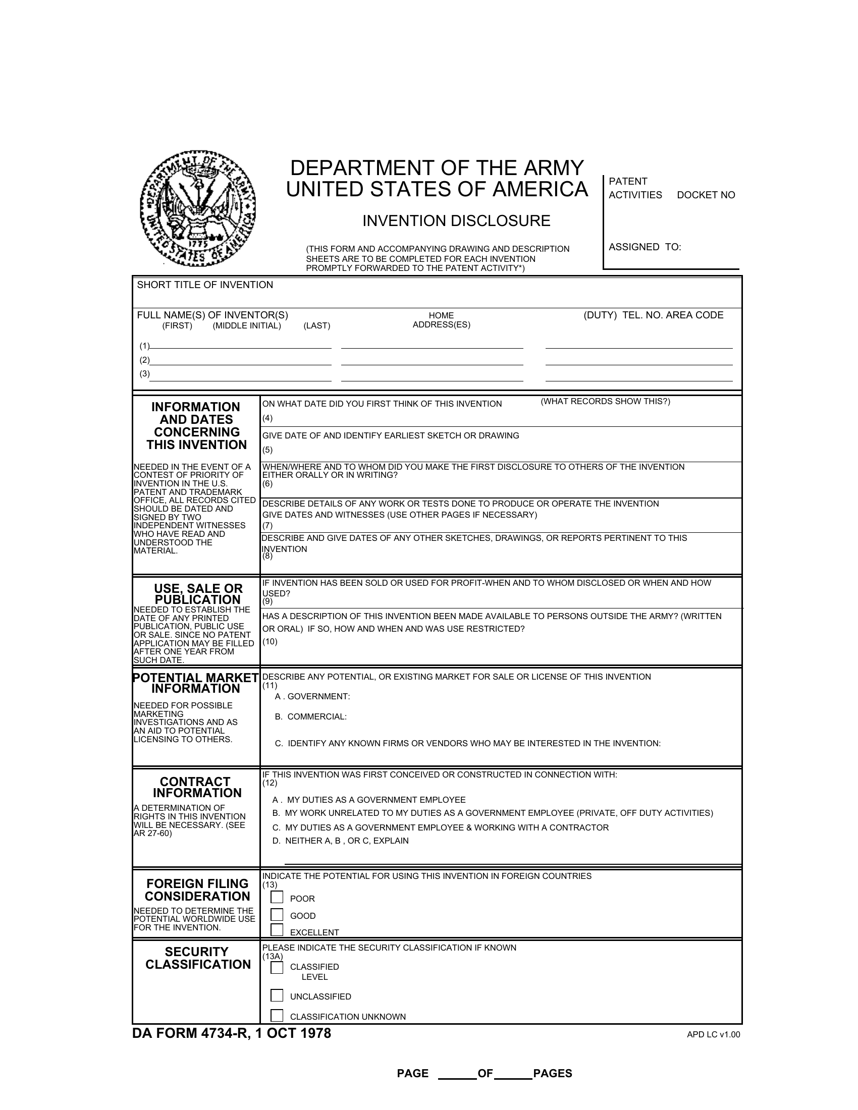 DA Form 4734-R. Invention Disclosure (LRA) | Forms - Docs - 2023