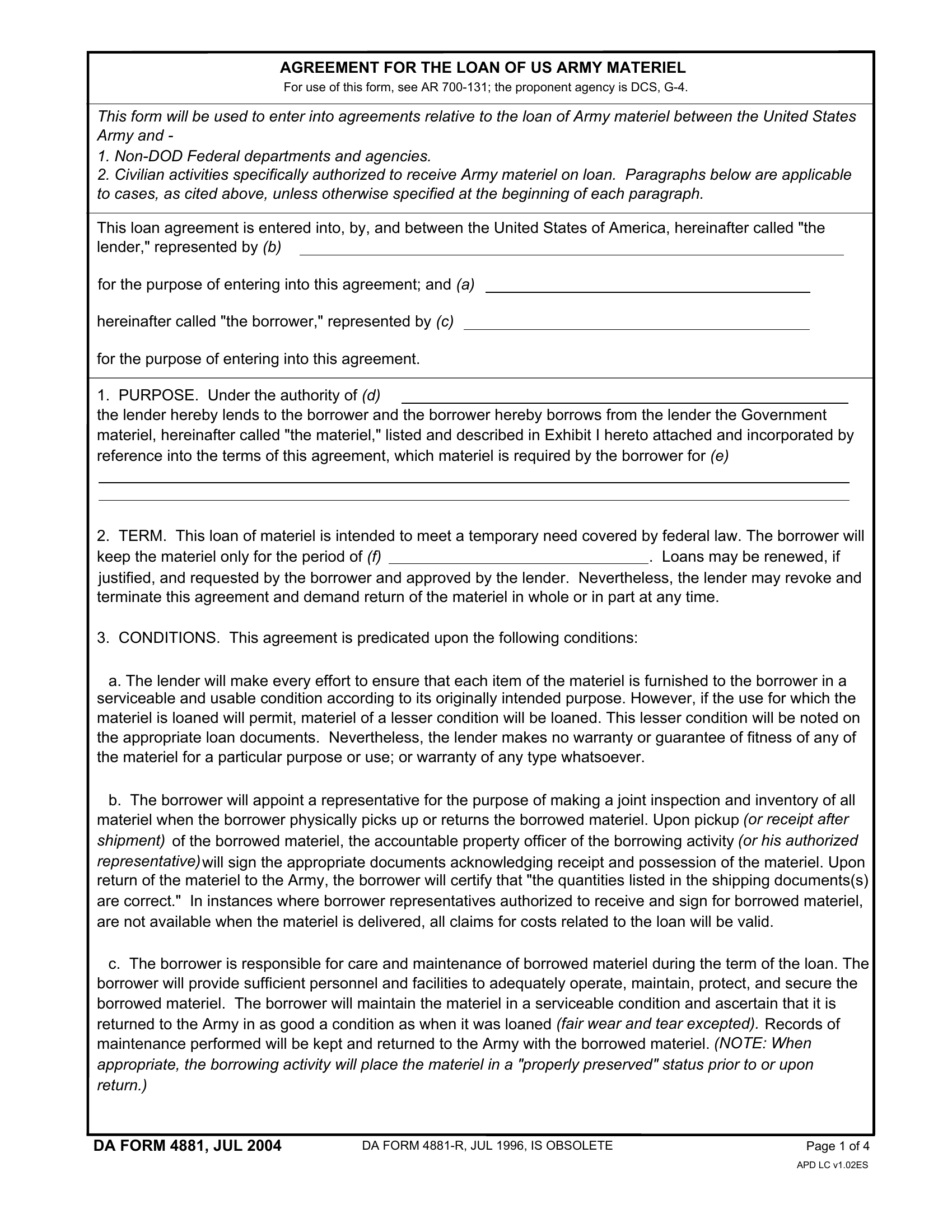 DA Form 4881. Agreement for the Loan of Us Army Materiel | Forms - Docs - 2023
