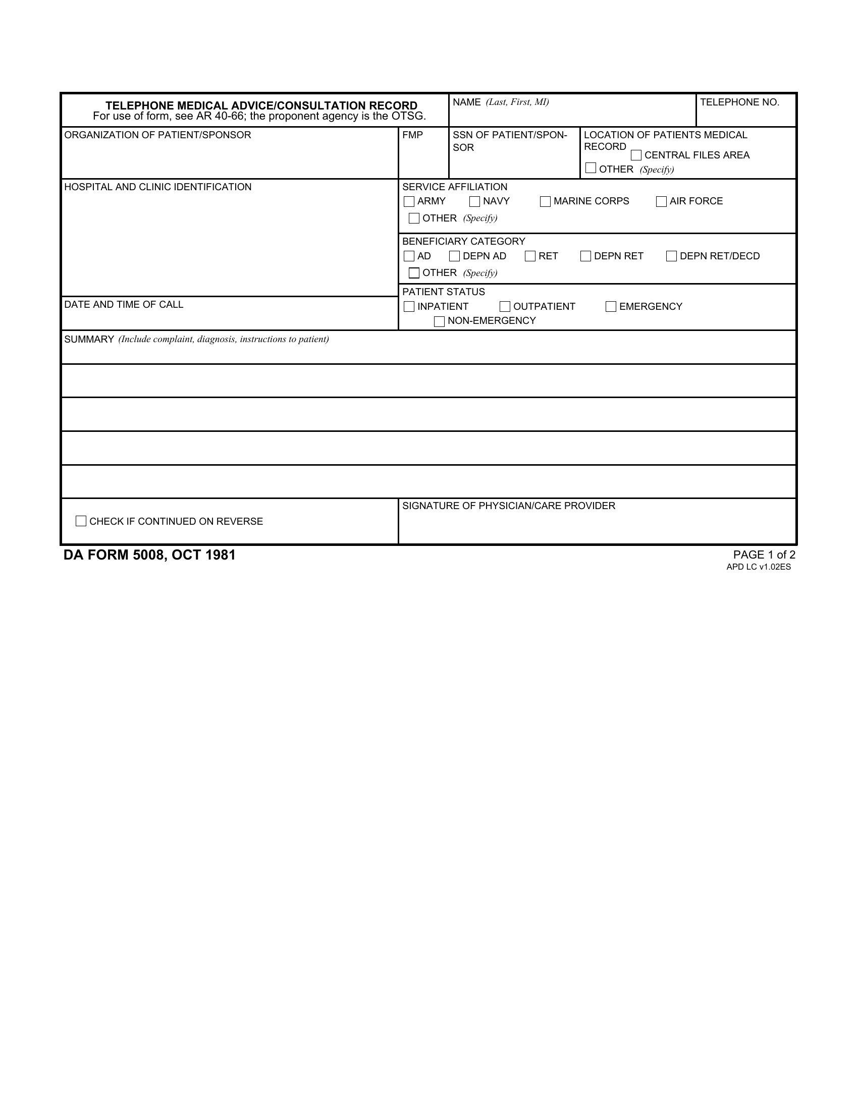 DA Form 5008. Telephone Medical Advice/Consultation Record | Forms - Docs - 2023