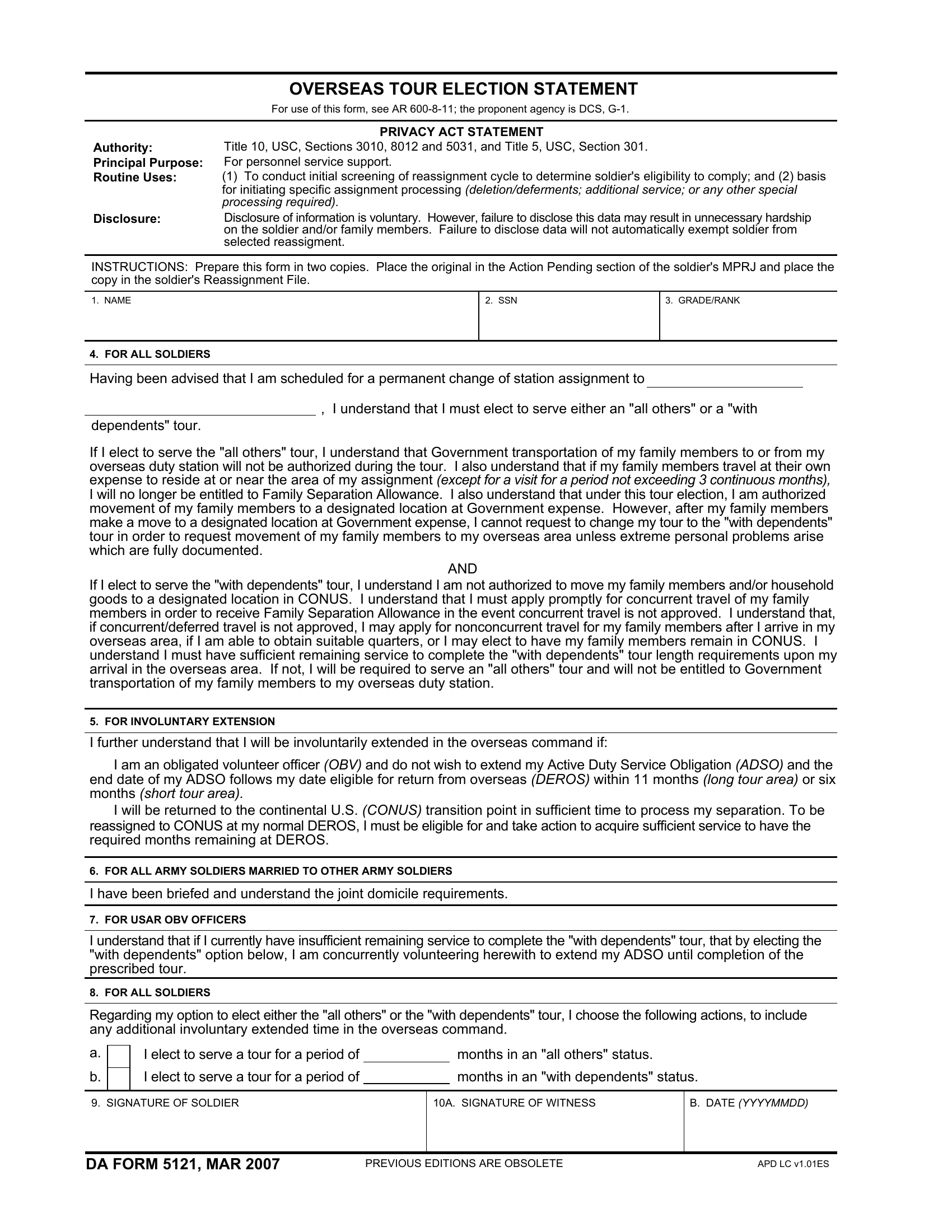 DA Form 5121. Oversea Tour Election Statement | Forms - Docs - 2023