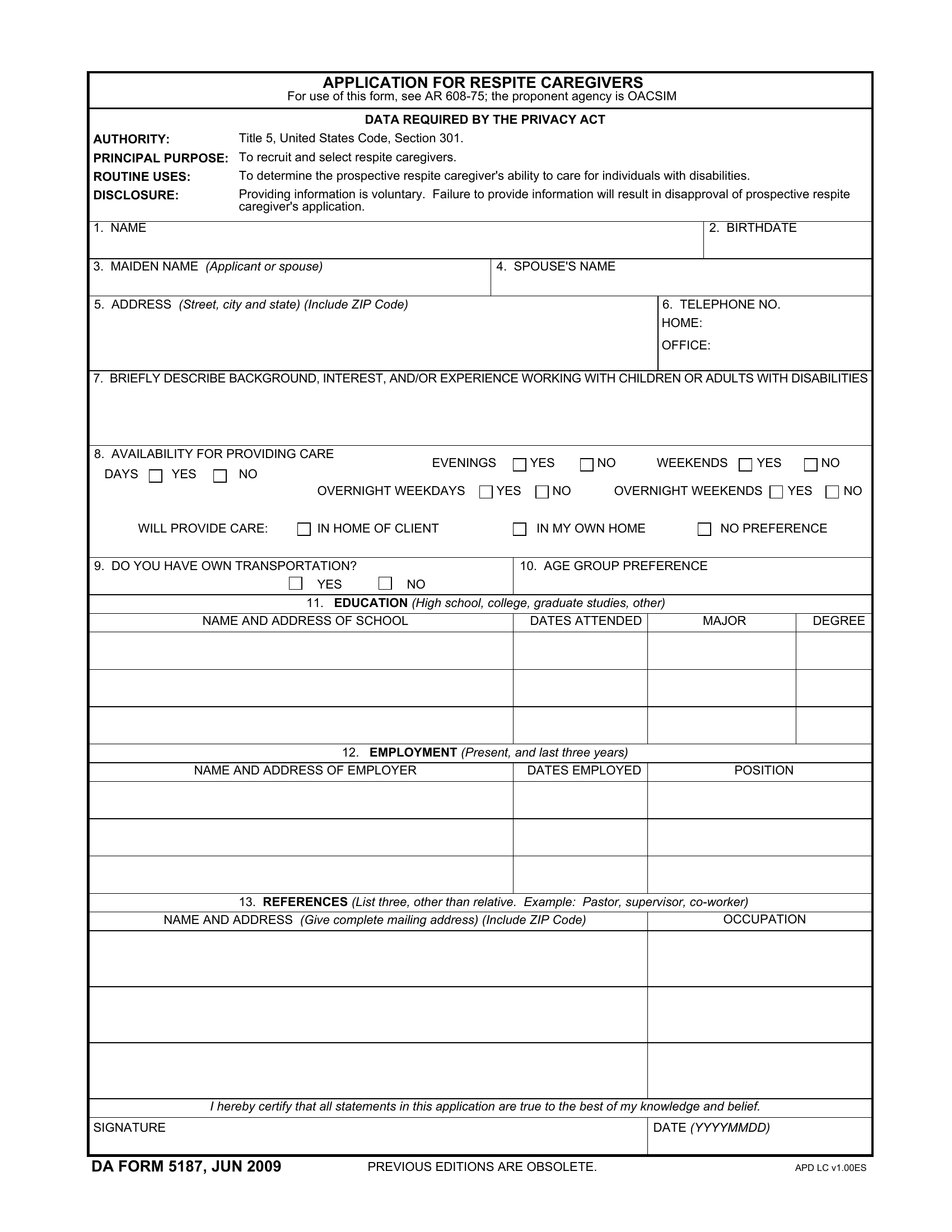 DA Form 5187. Application for Respite Caregivers | Forms - Docs - 2023