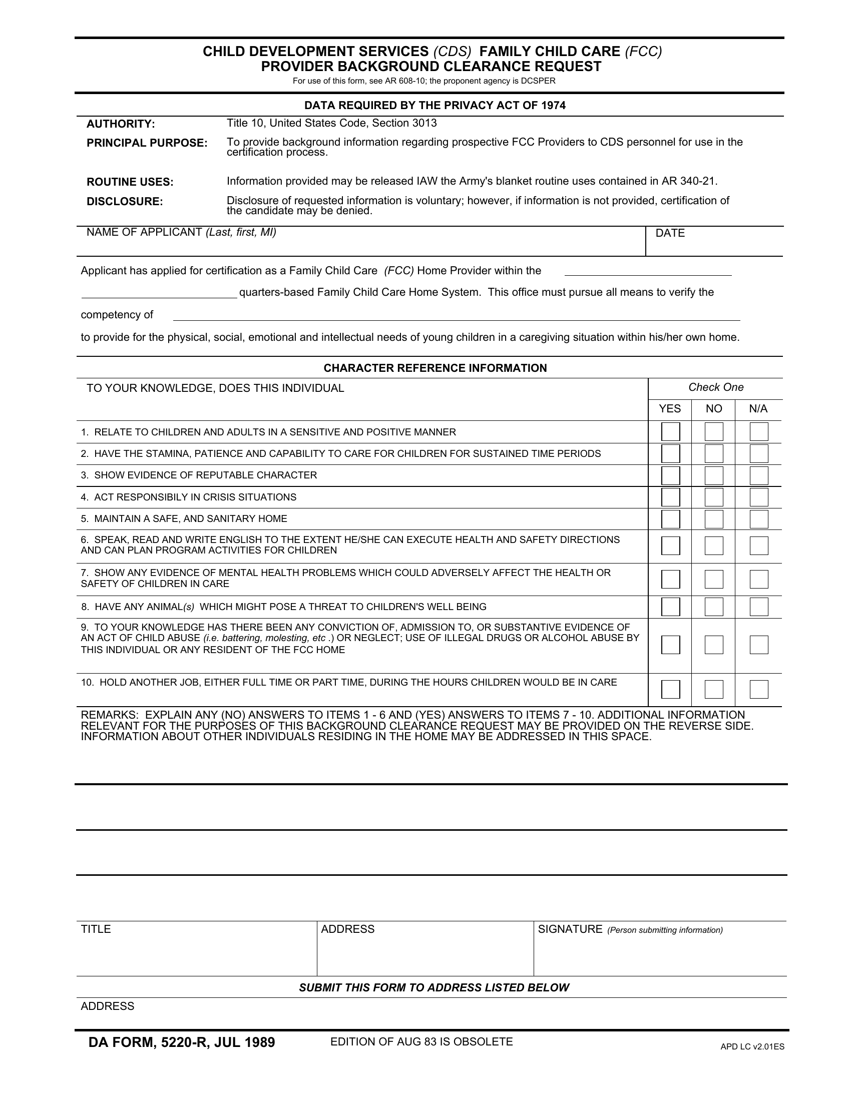 DA Form 5220-R. Child Development Services (Cds) Family Child Care (Fcc) Provider Background Clearance Request (LRA) | Forms - Docs - 2023