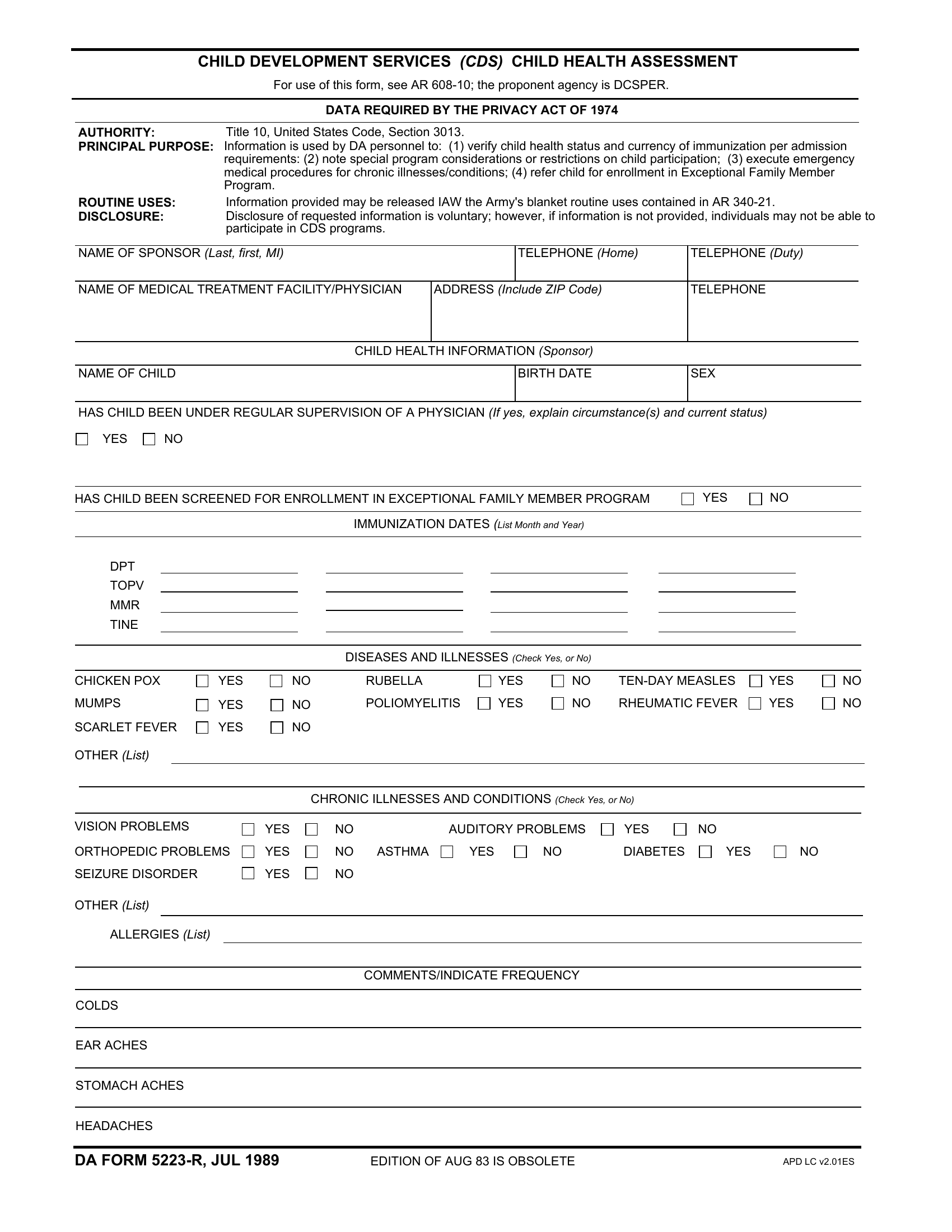 DA Form 5223-R. Child Development Services (Cds) Child Health Assessment (LRA) | Forms - Docs - 2023