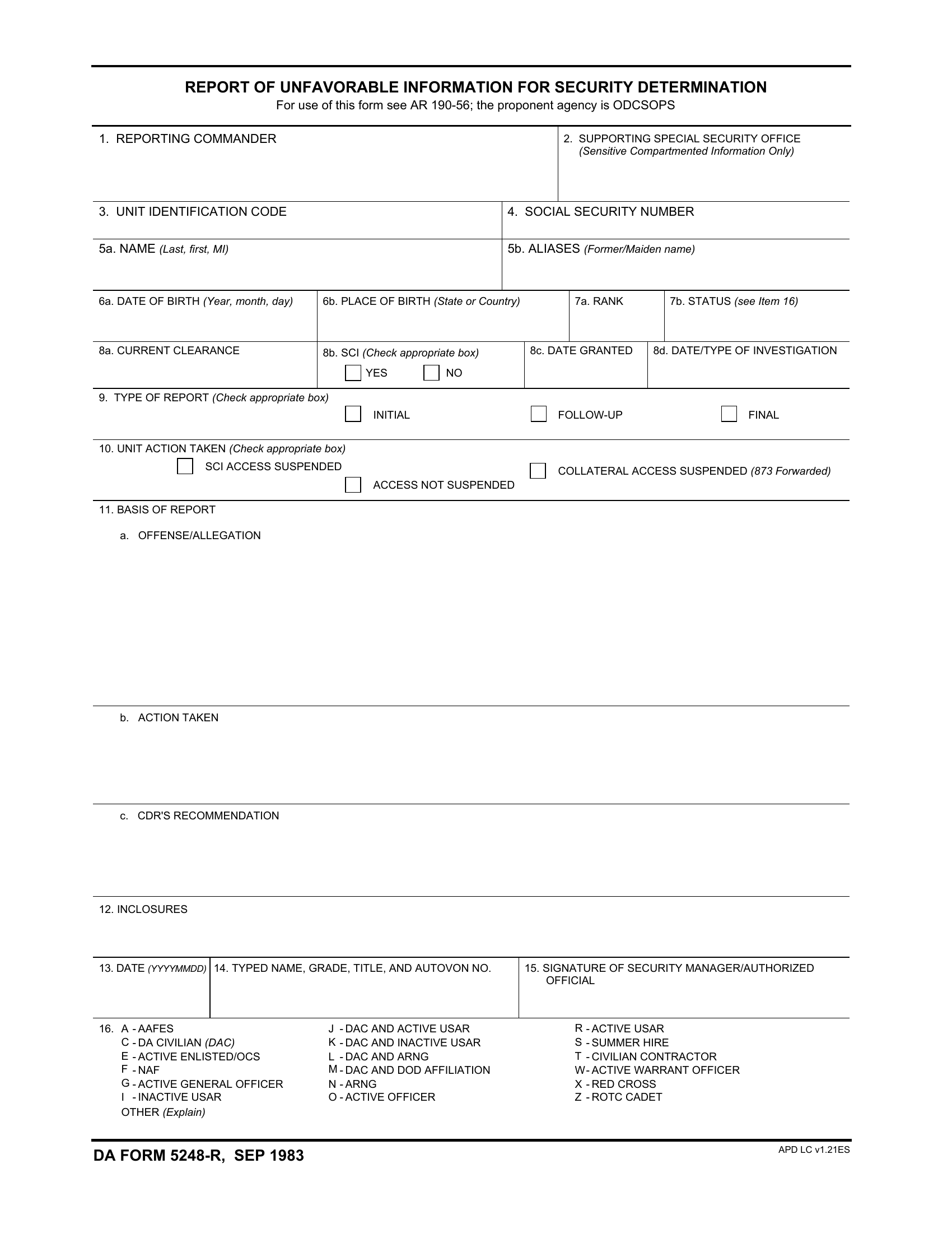 DA Form 5248-R. Report of Unfavorable Information for Security Determination (LRA) | Forms - Docs - 2023