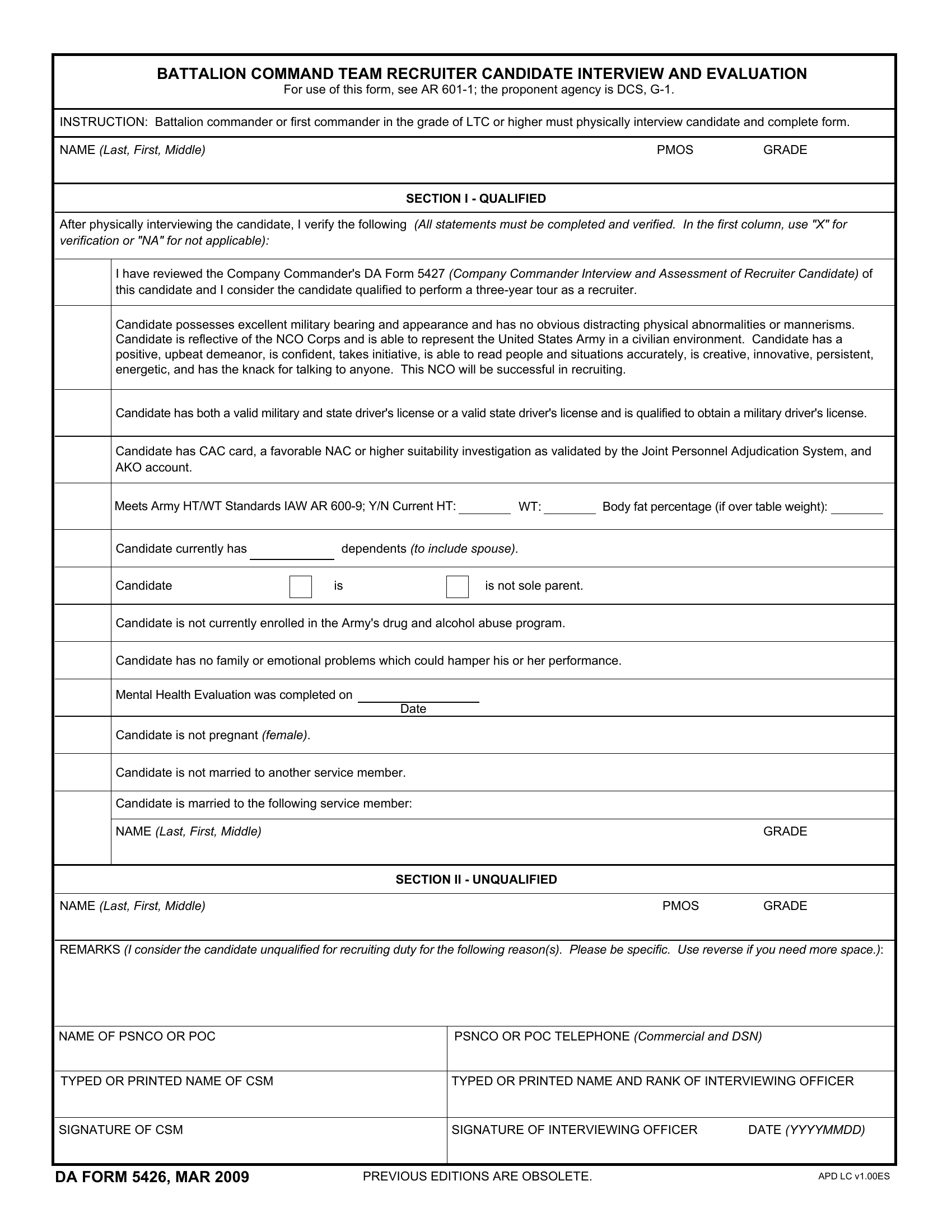 DA Form 5426. Battalion Command Team Recruiter Candidate Interview and Evaluation | Forms - Docs - 2023