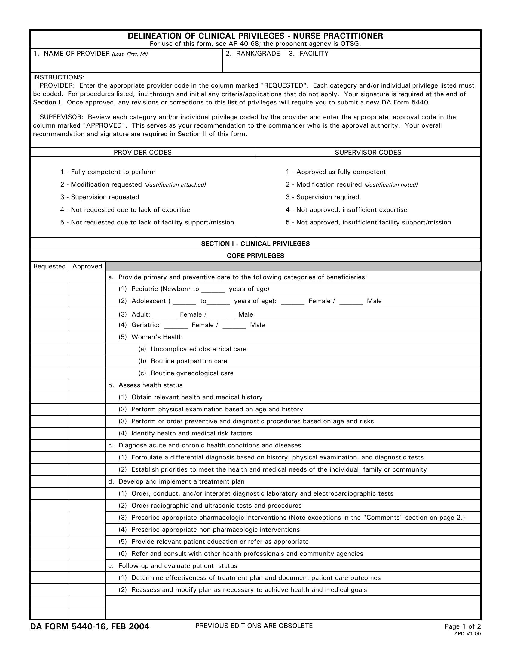 DA Form 5440-16. Delineation of Clinical Privileges-Nurse Practitioner | Forms - Docs - 2023