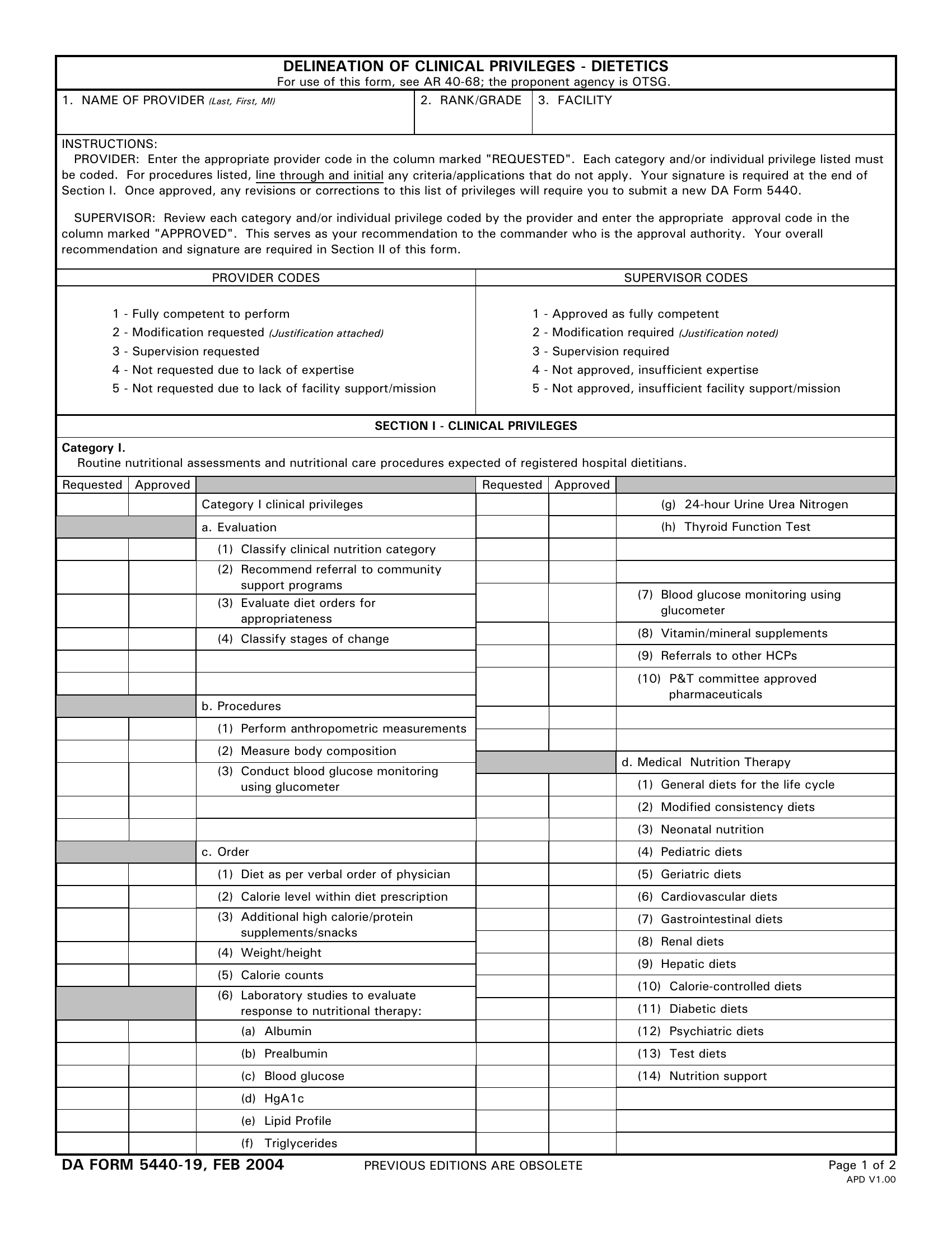 DA Form 5440-19. Delineation of Clinical Privileges-Dietetics | Forms - Docs - 2023