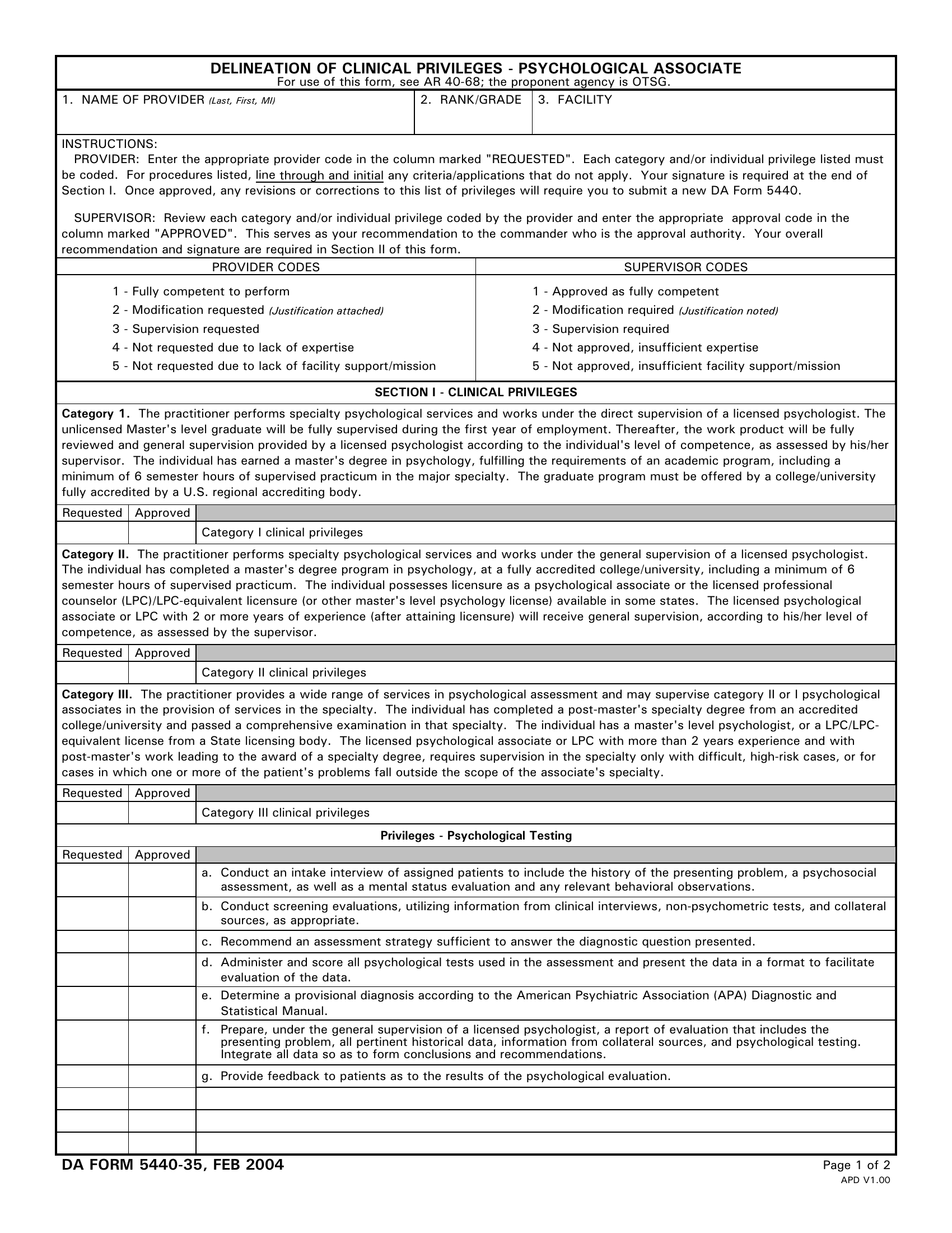 DA Form 5440-35. Delineation of Clinical Privileges - Psychological Associate | Forms - Docs - 2023